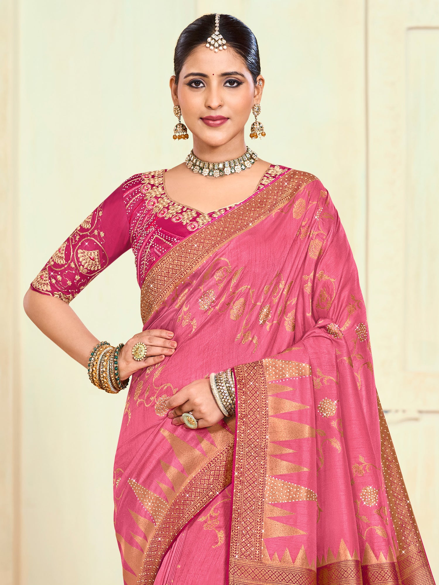 Pink Sequins Augmented Bridal Saree With Blouse