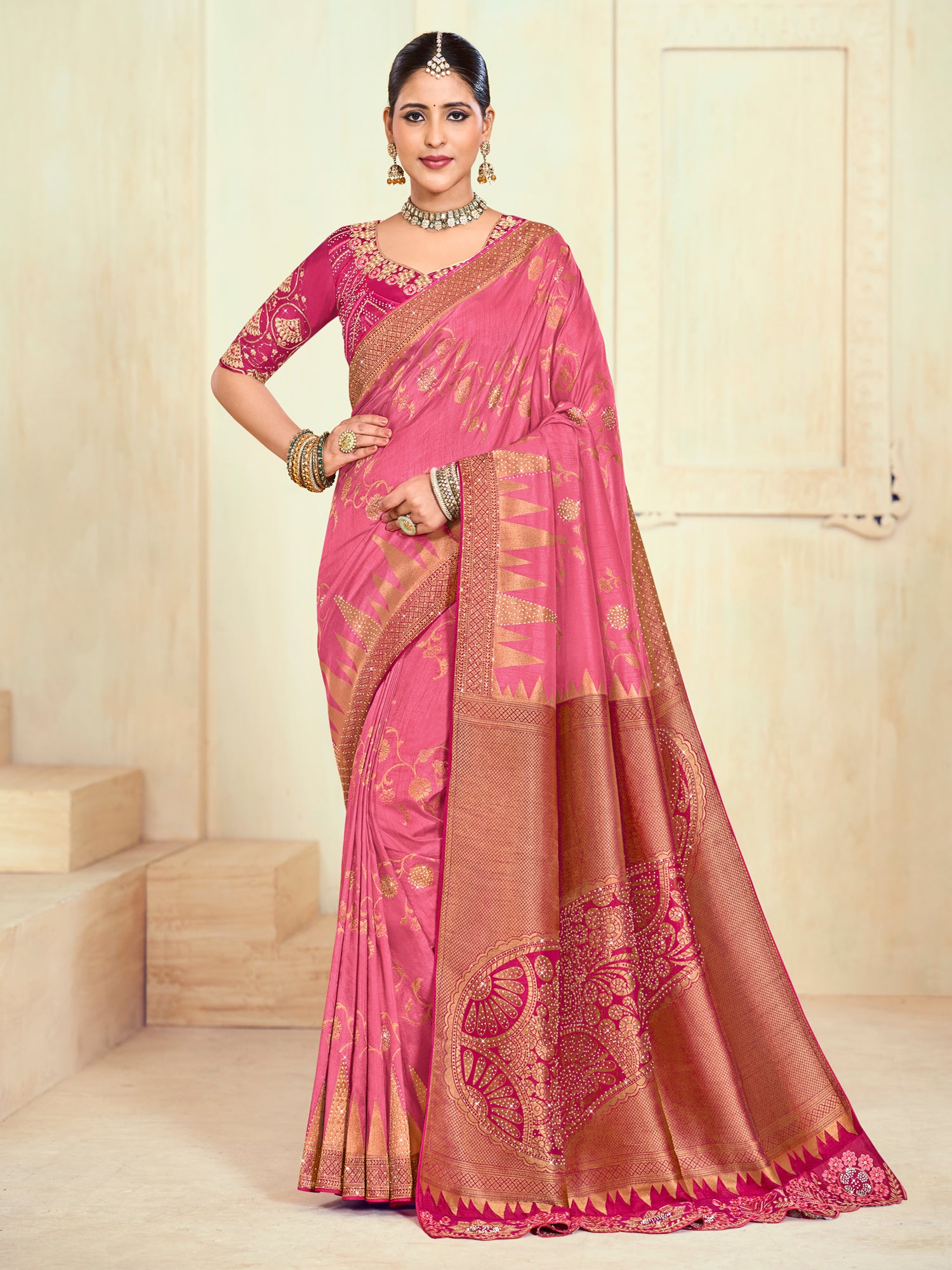 Pink Sequins Augmented Bridal Saree With Blouse