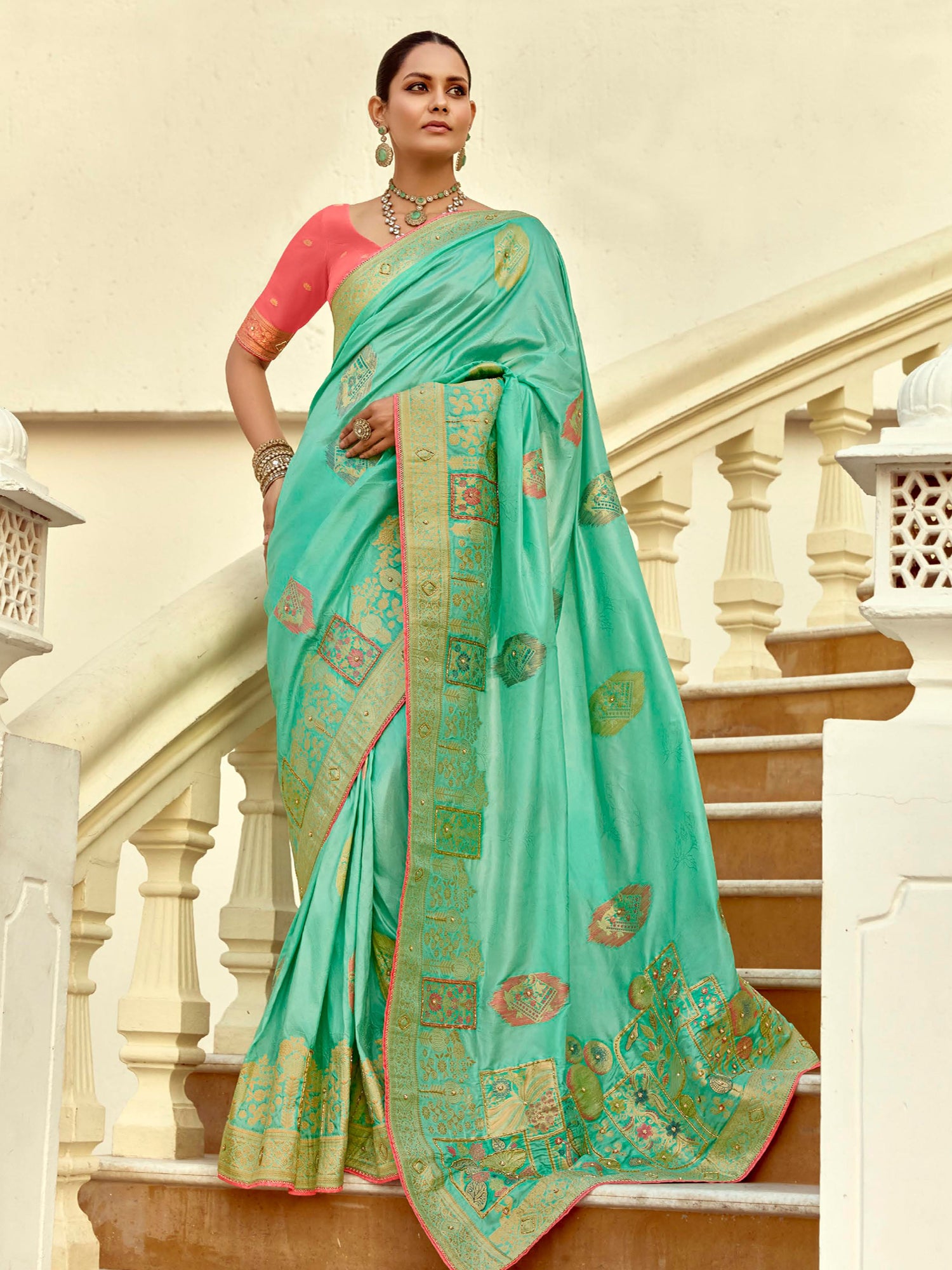 Turquoise Zari Weaving Festive Saree In Dola Silk