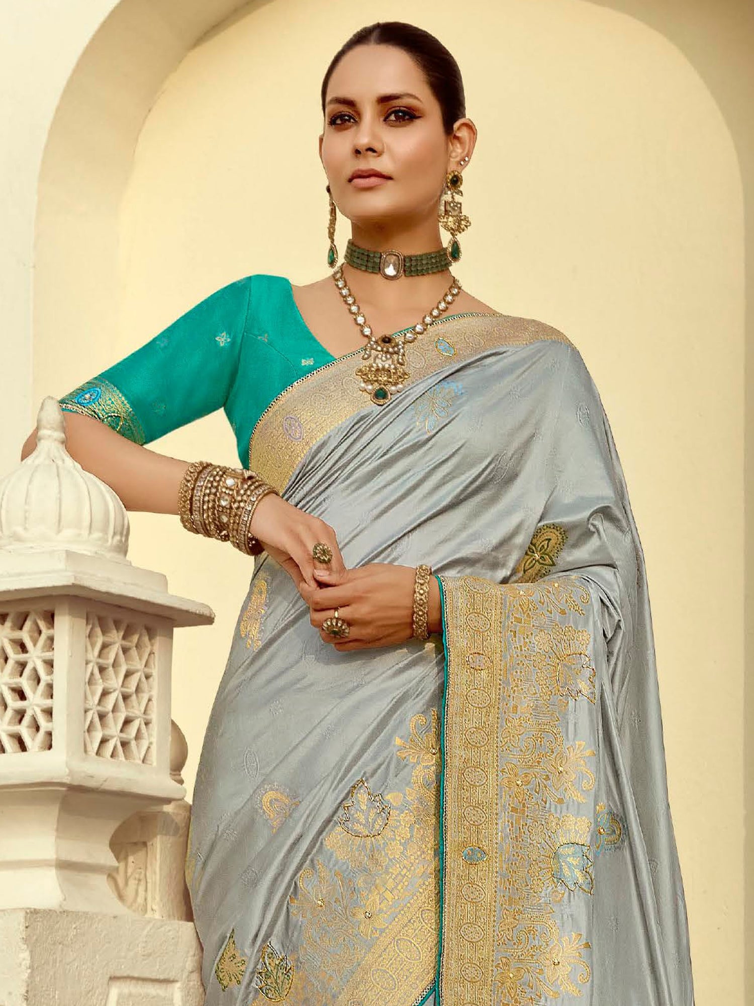 Grey Party Wear Saree In Zari Woven Work