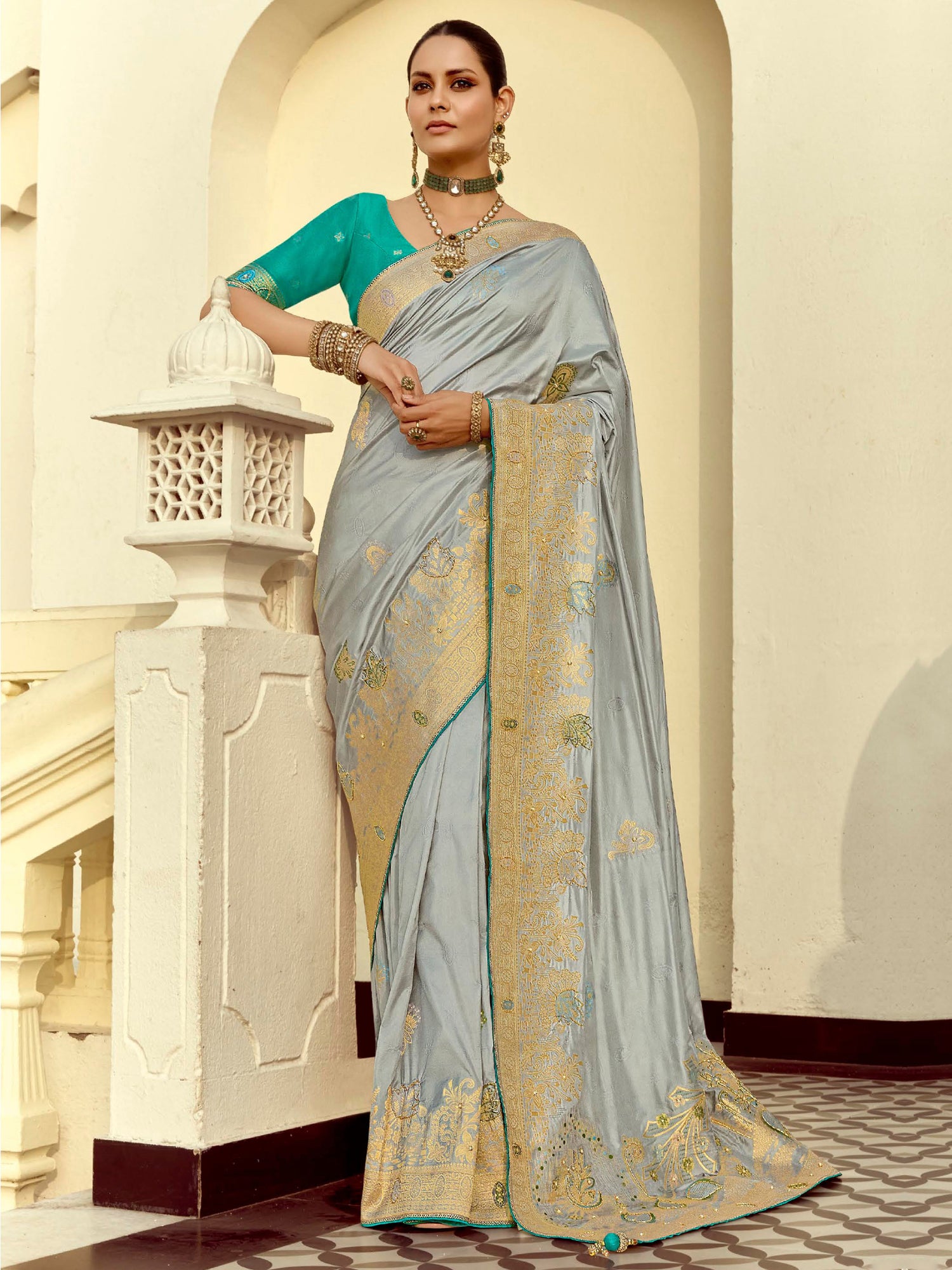 Grey Party Wear Saree In Zari Woven Work