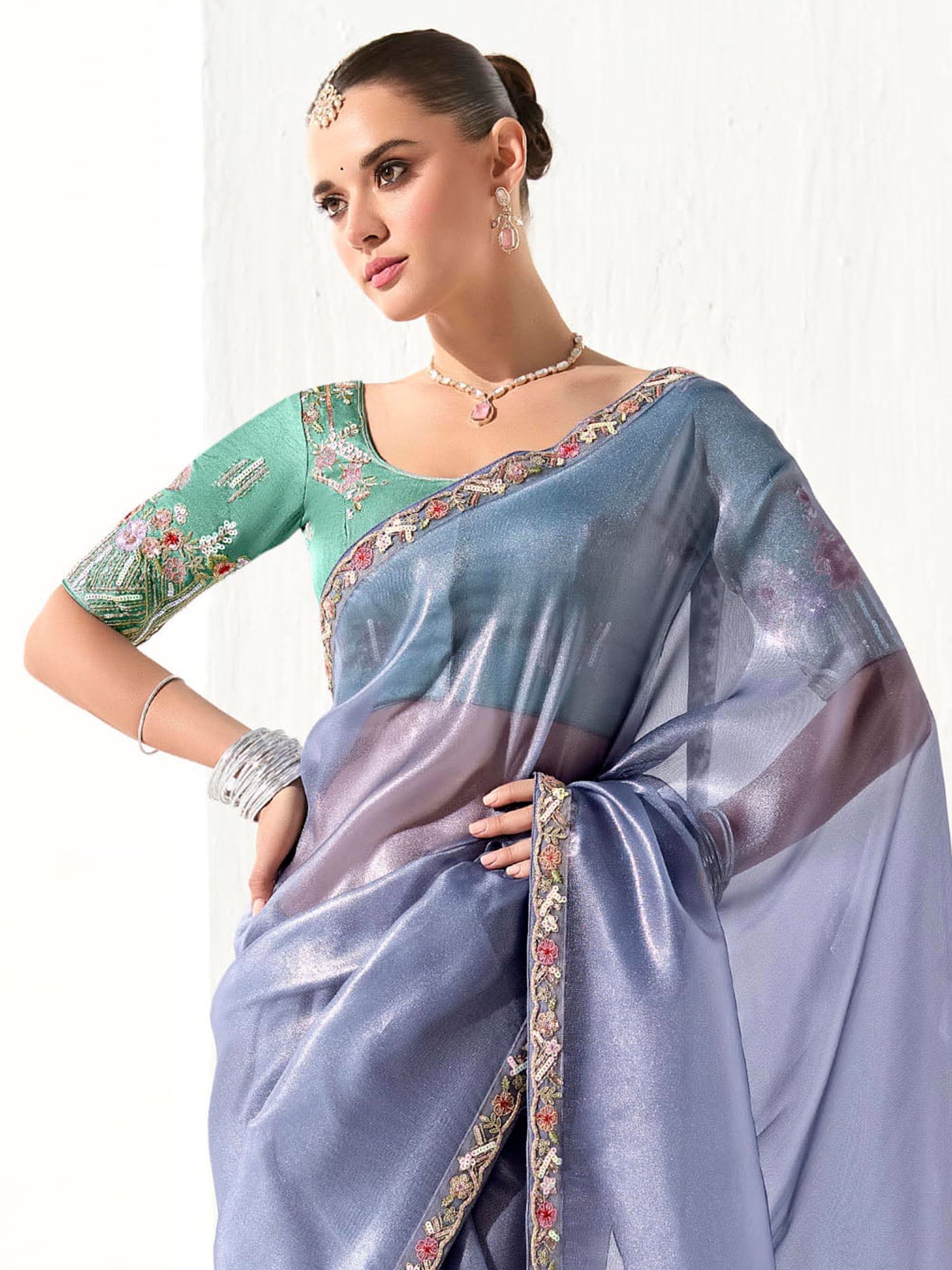 Blue Bridesmaid Saree In Floral Thread Work