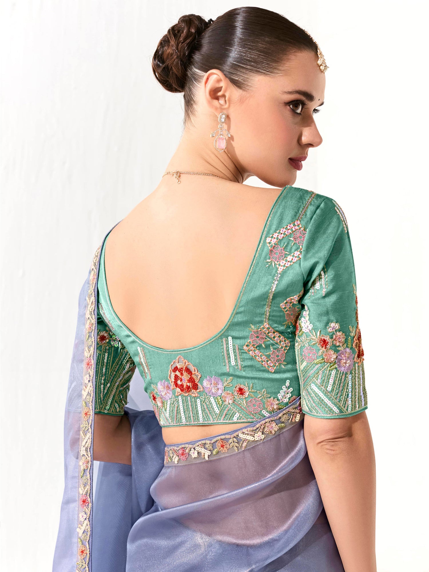 Blue Bridesmaid Saree In Floral Thread Work