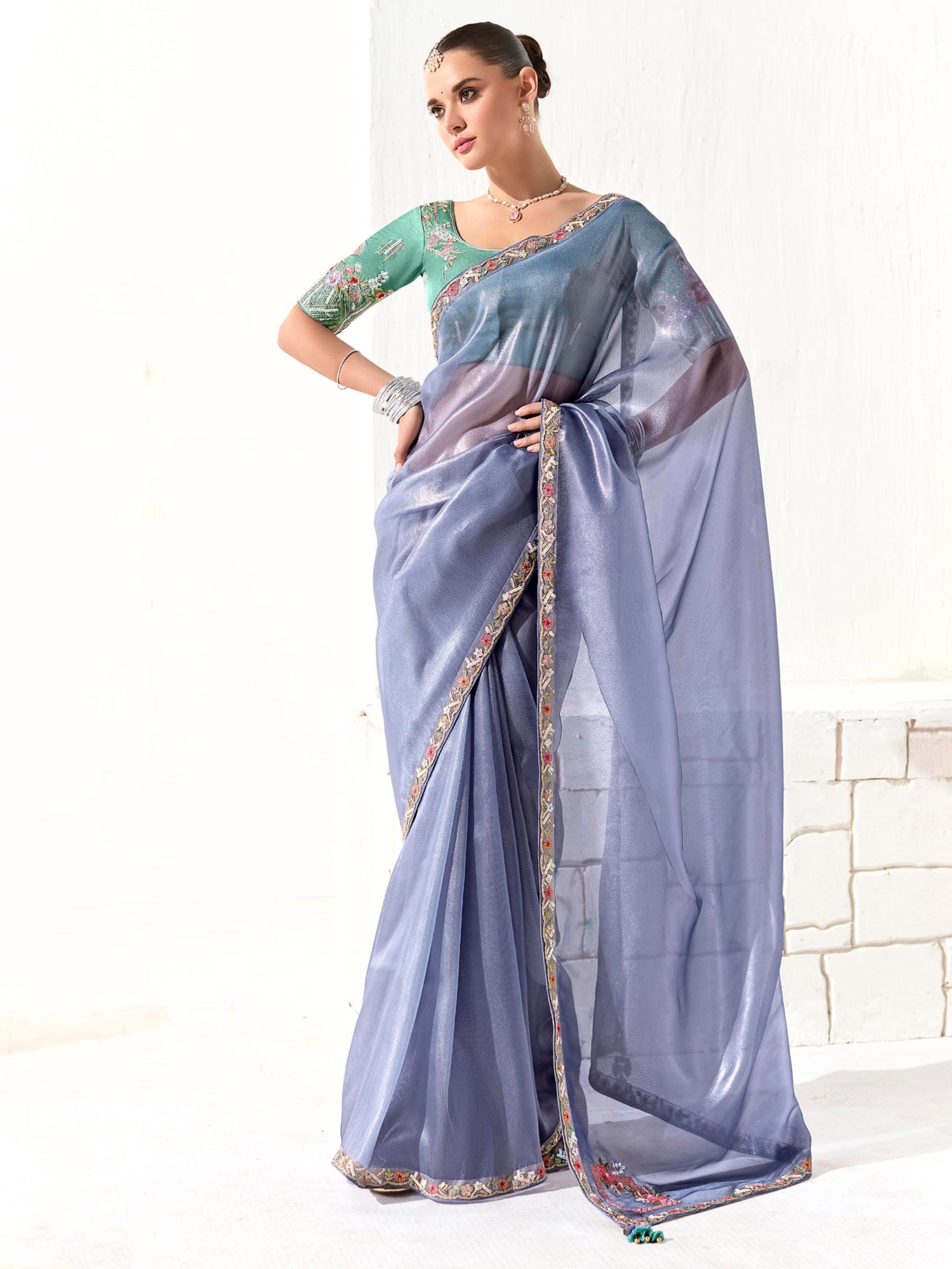 Blue Bridesmaid Saree In Floral Thread Work