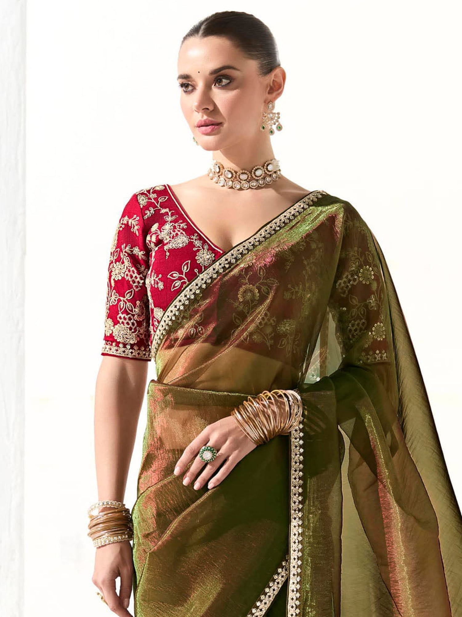 Olive Green Zari Embellished Saree With Blouse