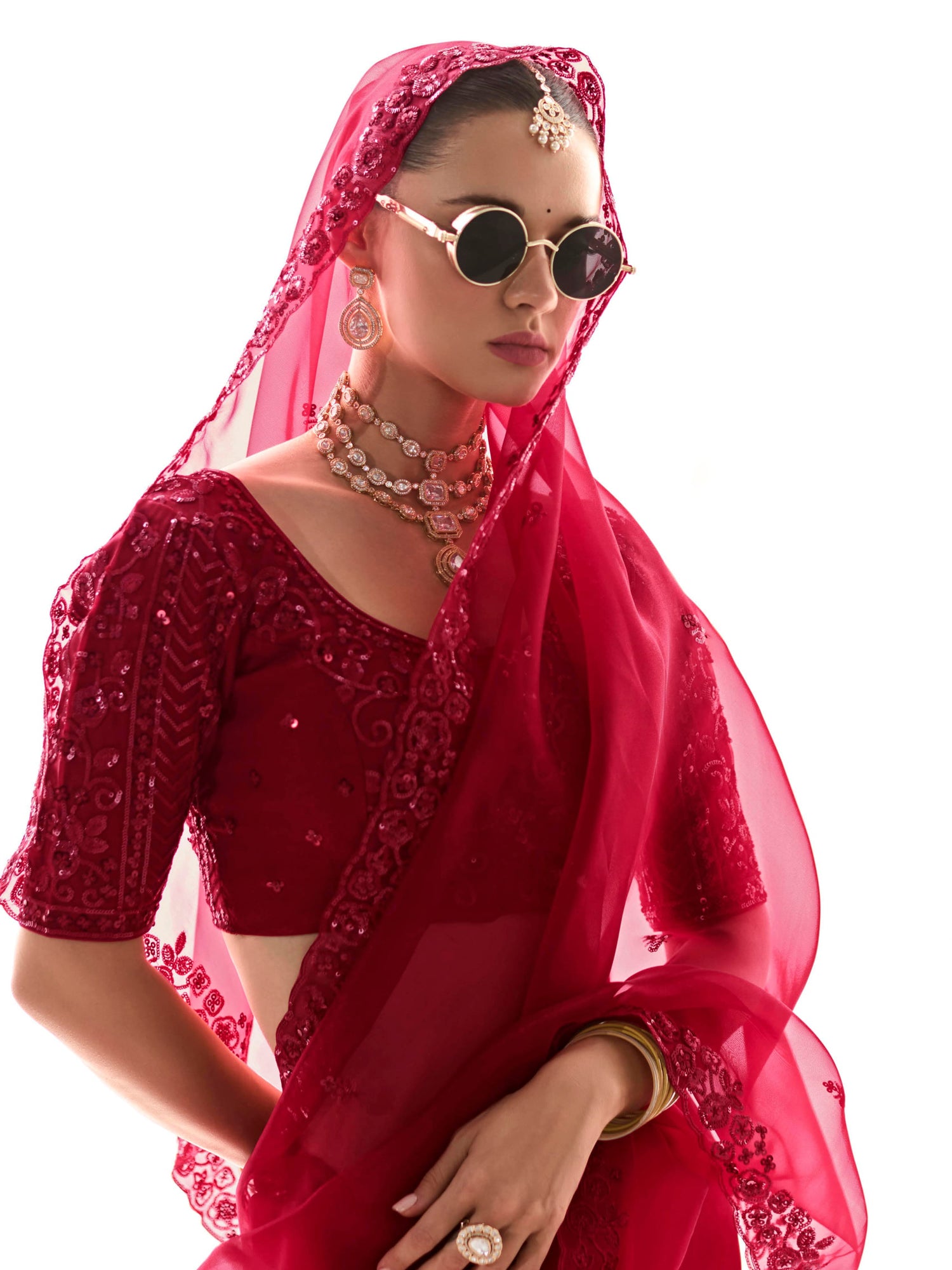 Turkey Red Heavy Embroidered Bridal Saree