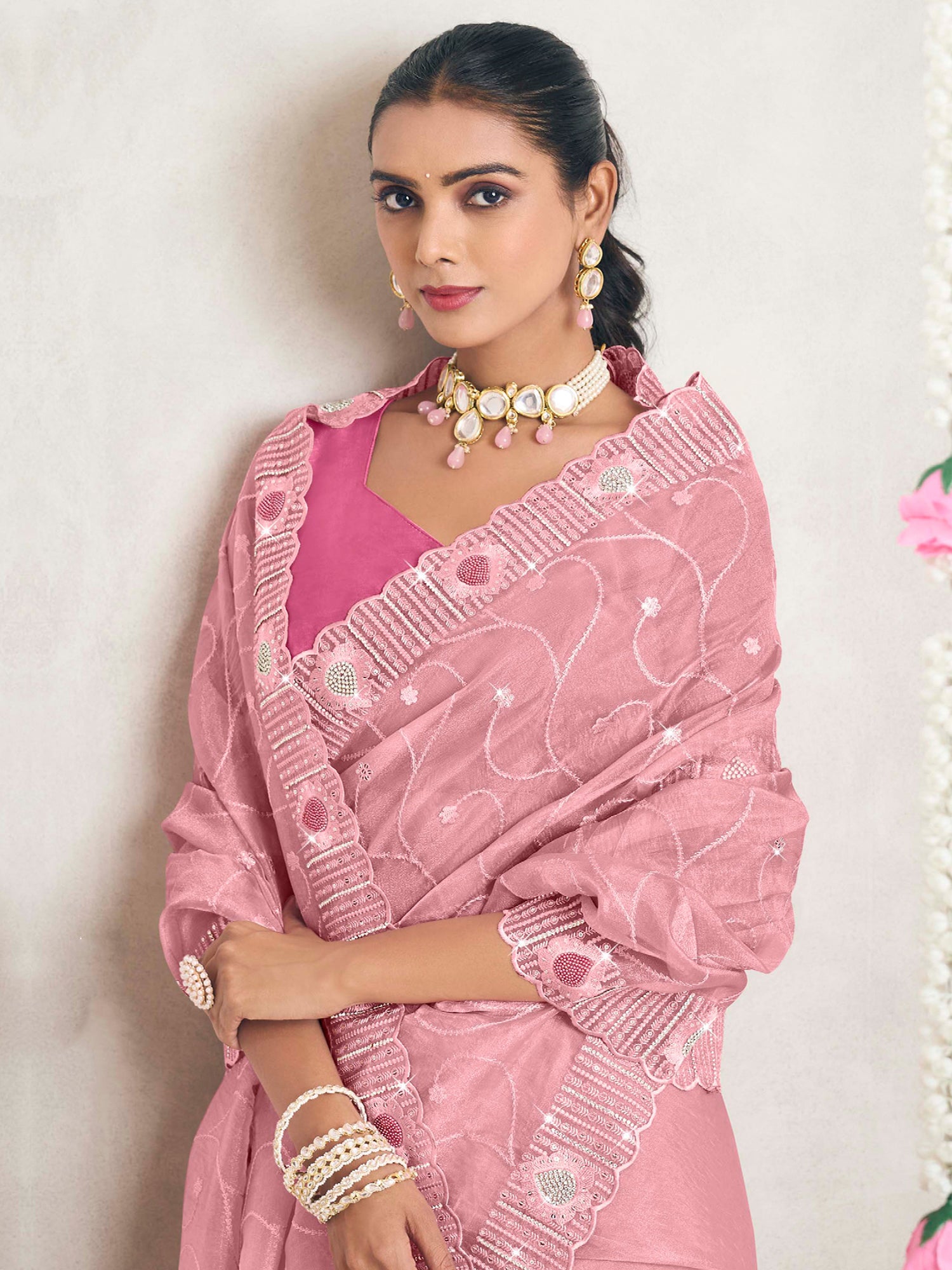 Pink Organza Silk Wedding Saree In Sequins Work