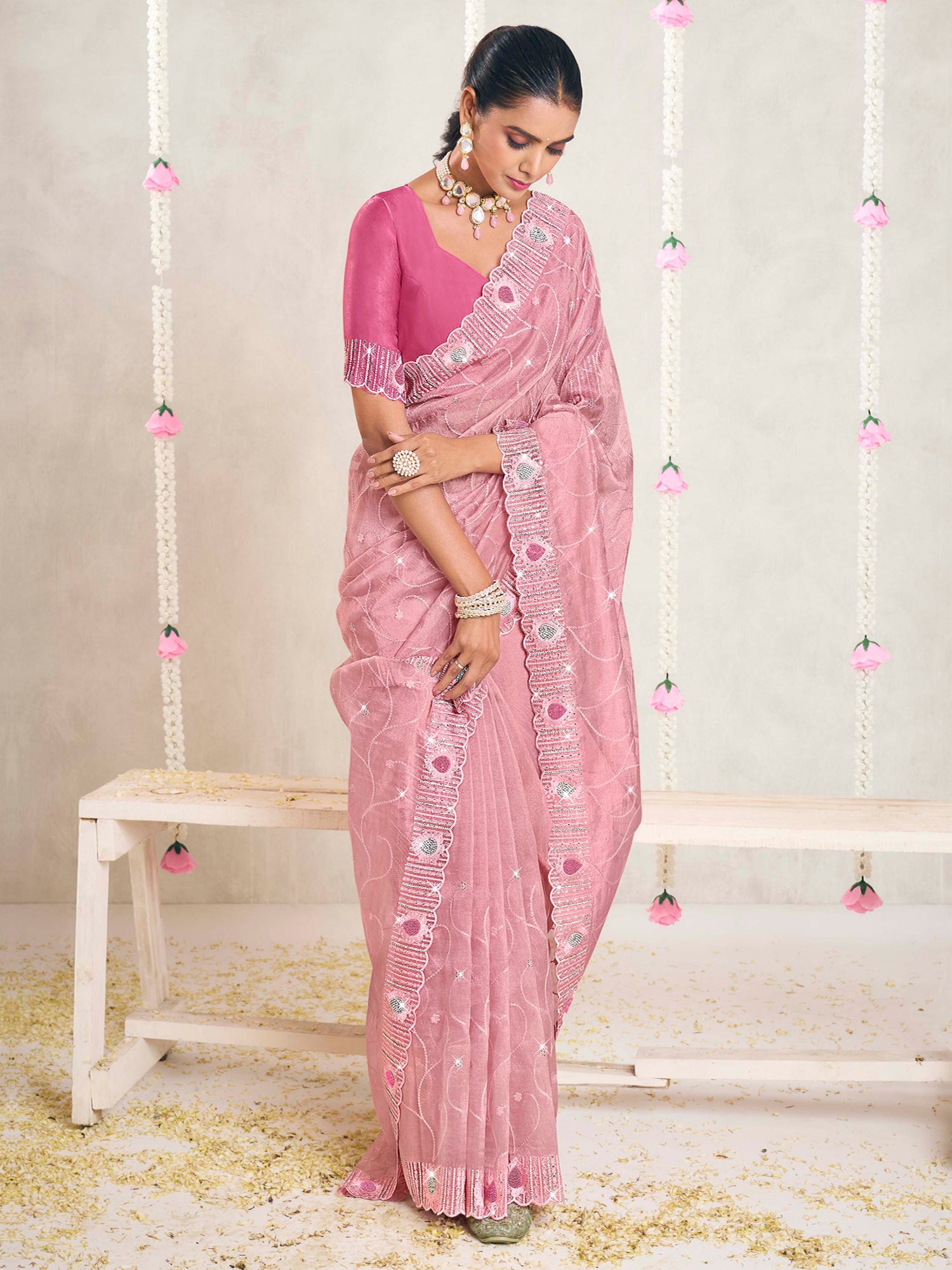 Pink Organza Silk Wedding Saree In Sequins Work