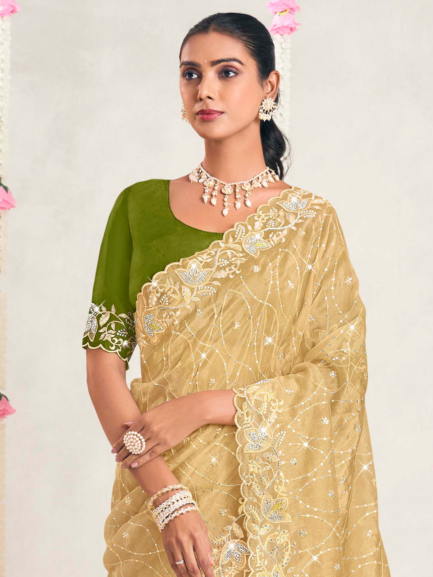 Yellow Stone Work Enhanced Party Wear Saree