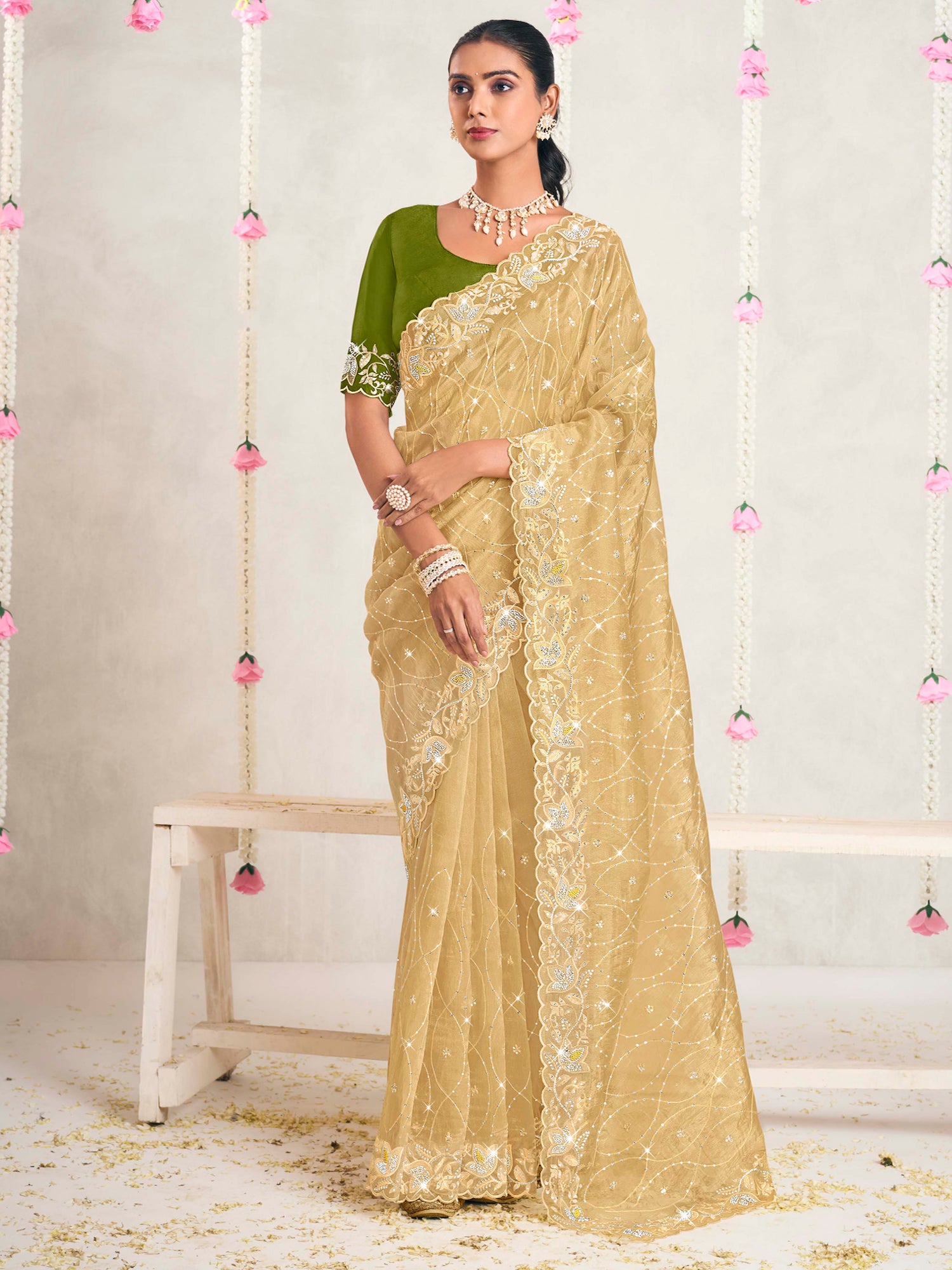 Yellow Stone Work Enhanced Party Wear Saree