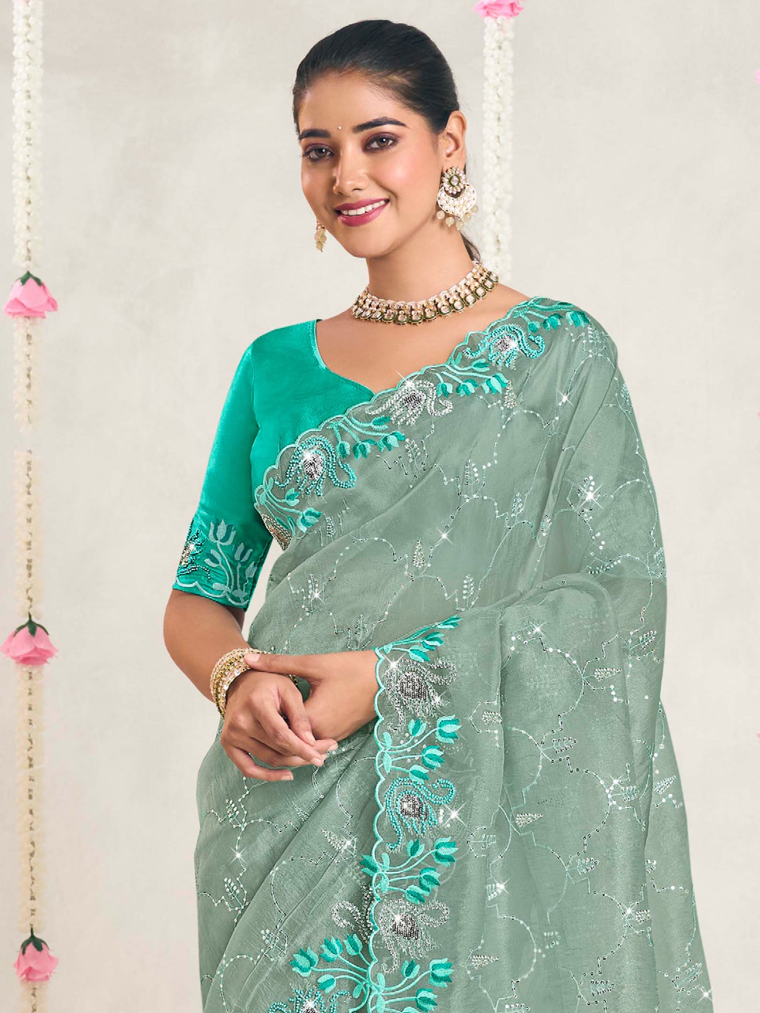 Green Festive Saree In Floral Thread Embroidery
