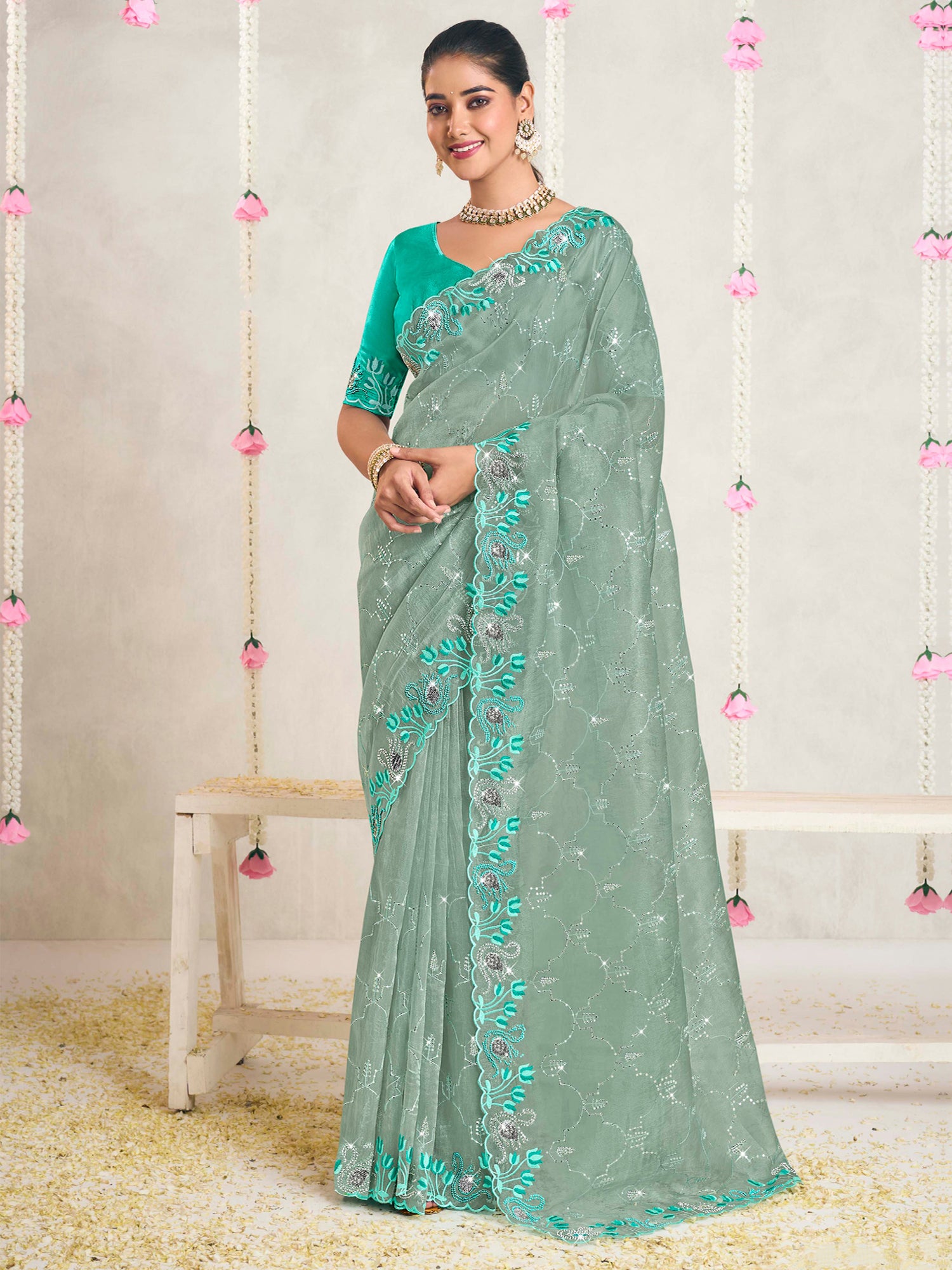 Green Festive Saree In Floral Thread Embroidery