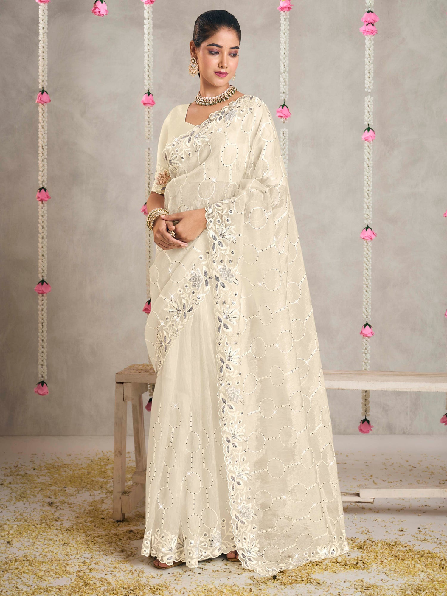 Off White Sequins Augmented Saree In Organza Silk