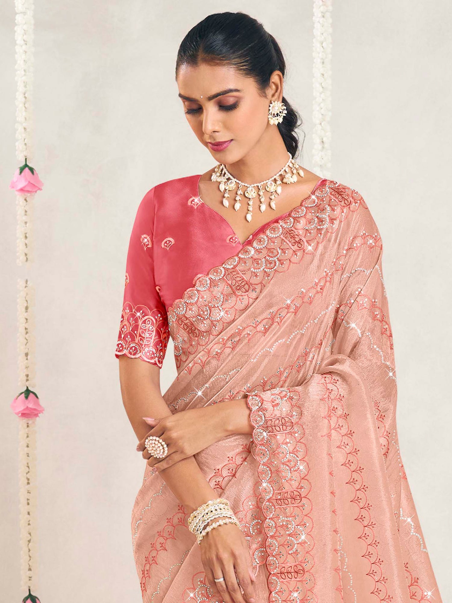 Peach Party Wear Silk Saree In Stone Embellishments