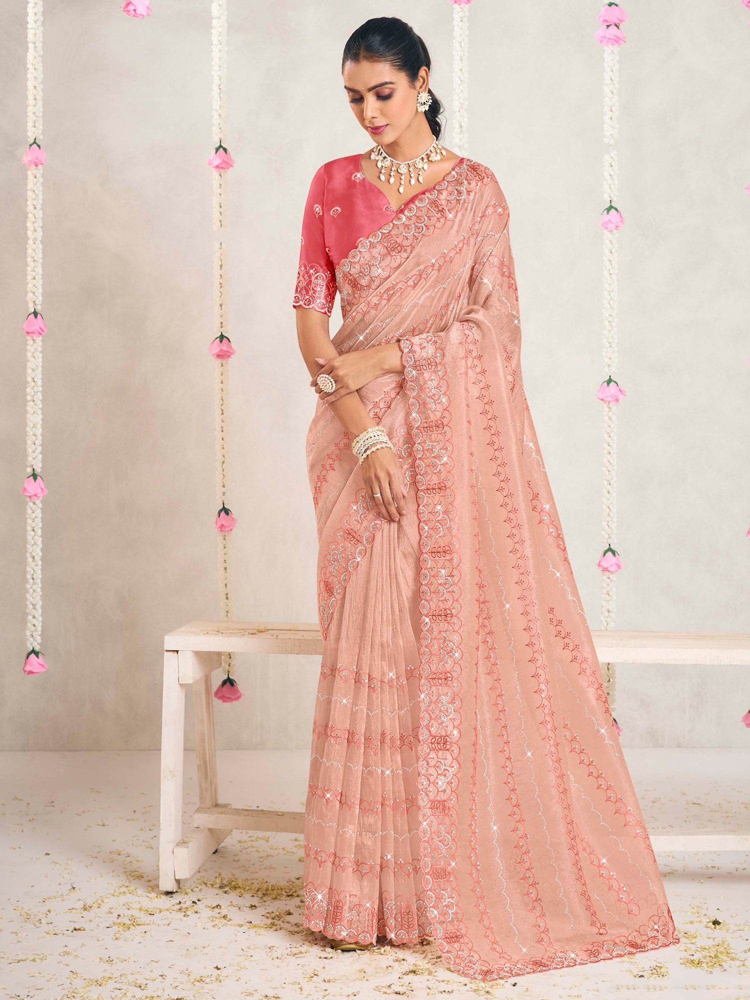 Peach Party Wear Silk Saree In Stone Embellishments