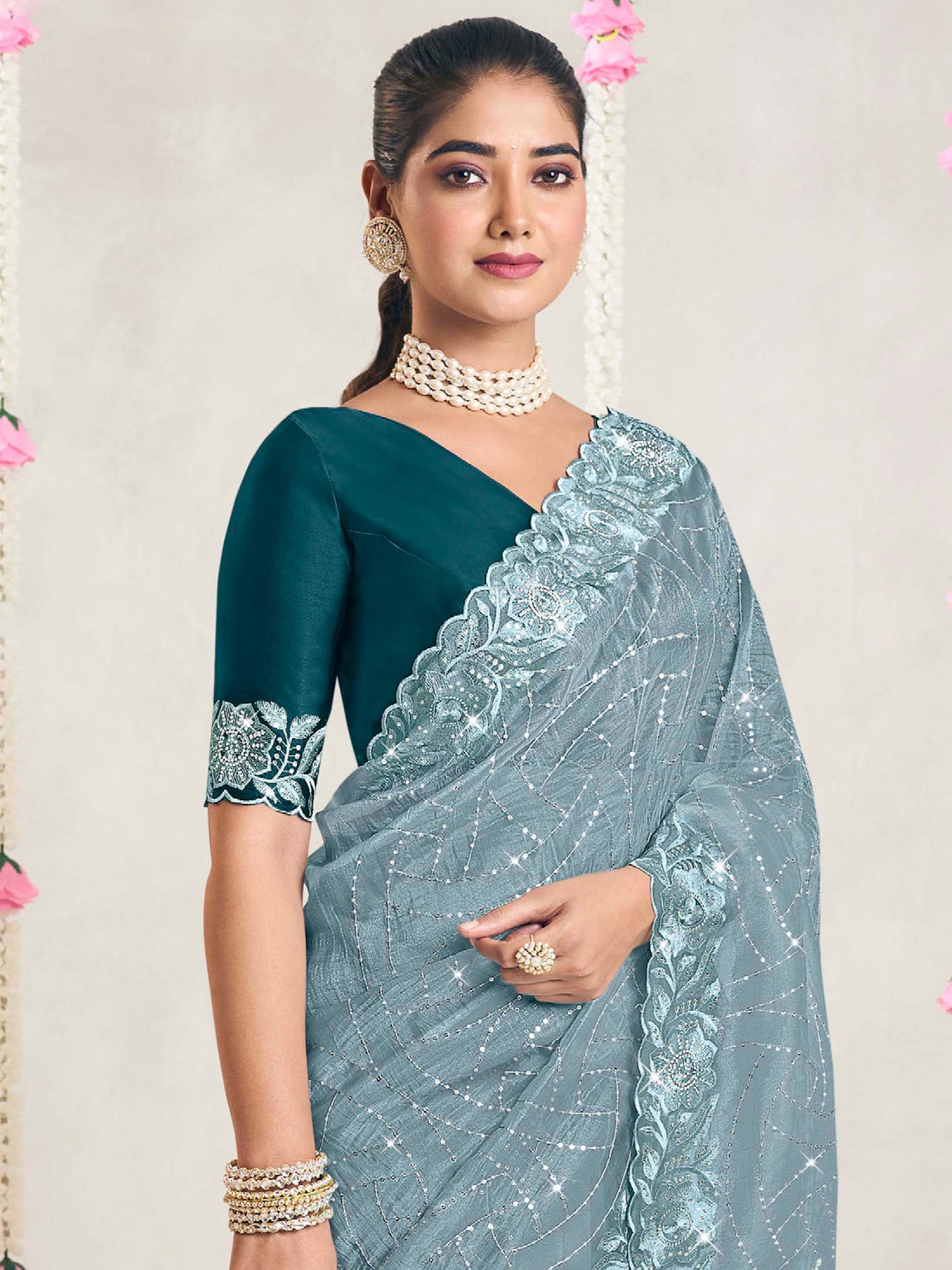 Stone Blue Embroidered Saree With Blouse In Silk