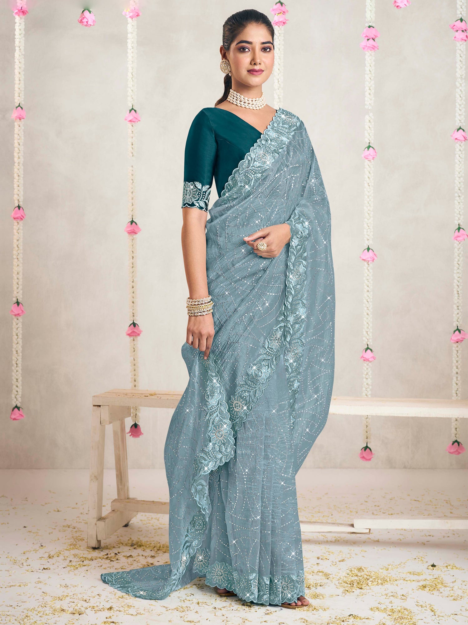 Stone Blue Embroidered Saree With Blouse In Silk
