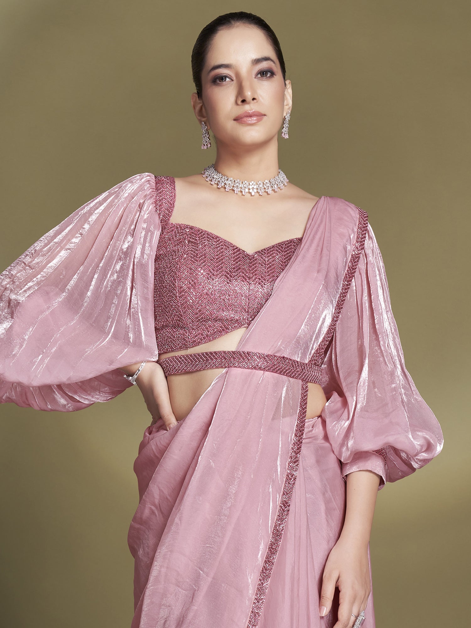 Baby Pink Ruffle Style Saree In Satin Silk