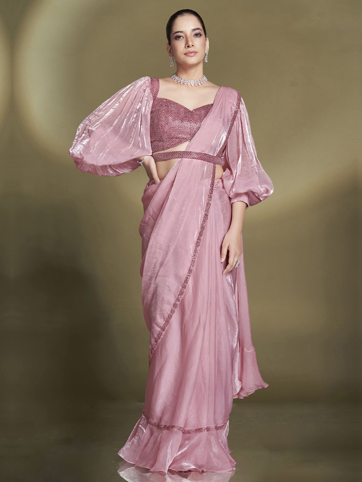 Baby Pink Ruffle Style Saree In Satin Silk