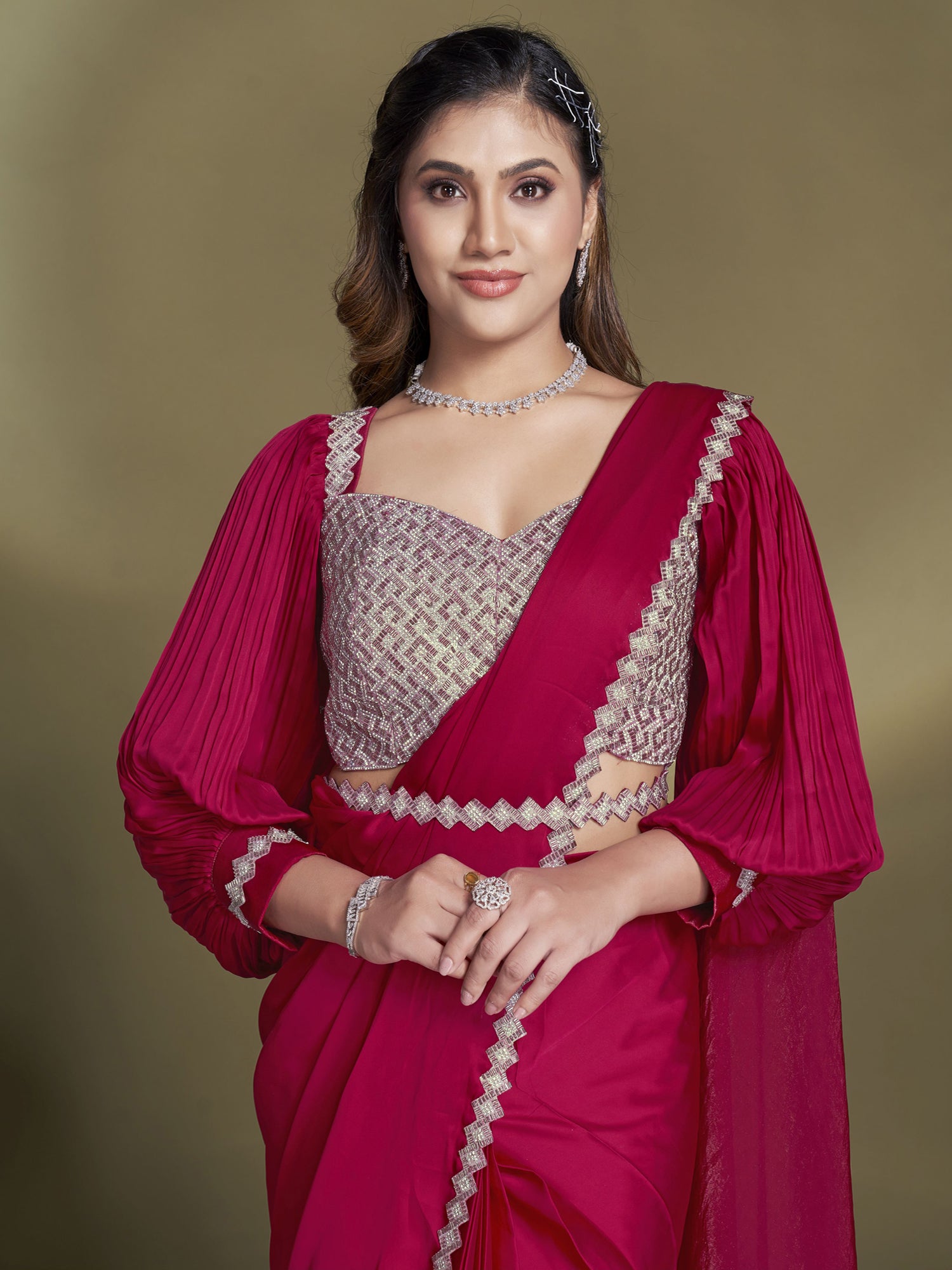 Pink Bridesmaid Saree With Blouse In Ruffle Style