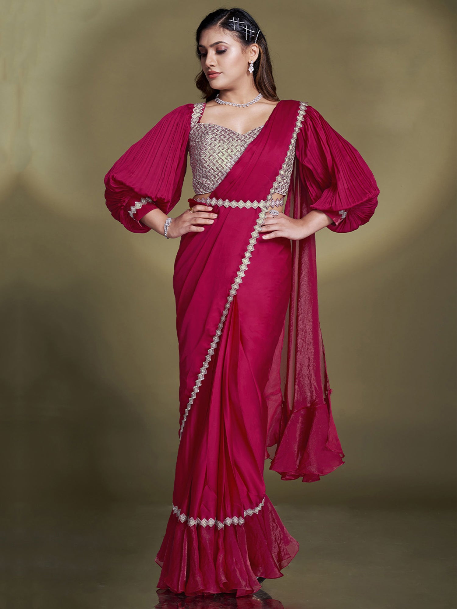 Pink Bridesmaid Saree With Blouse In Ruffle Style