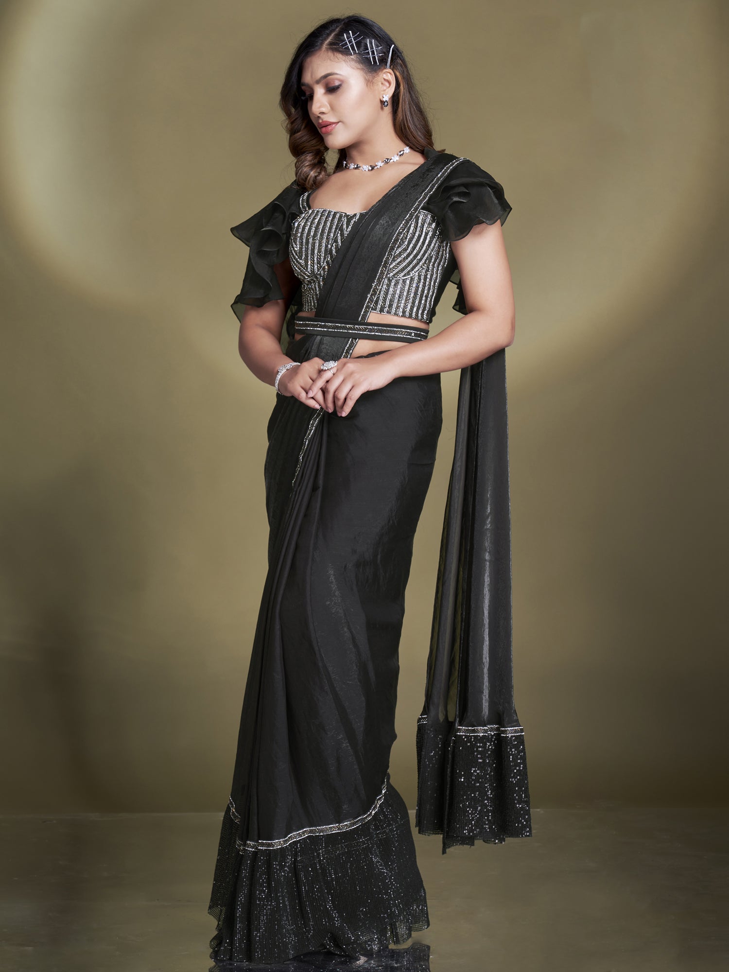 Black Readymade Saree With Embroidered Borders