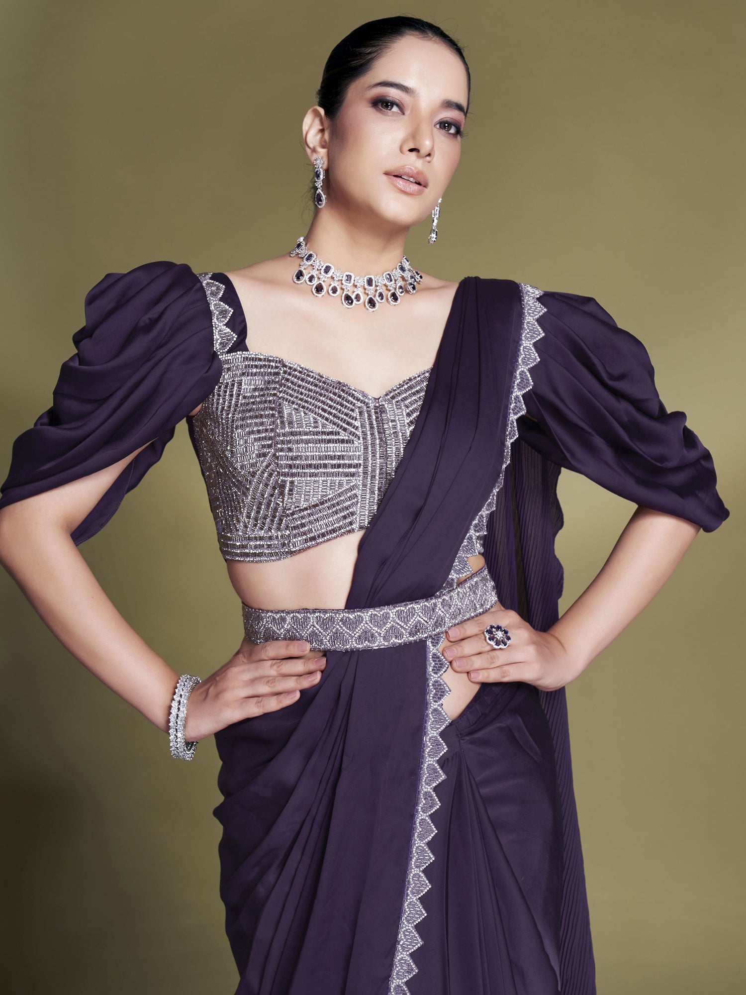 Purple Bridesmaid Saree With Ruffle Style Pallu