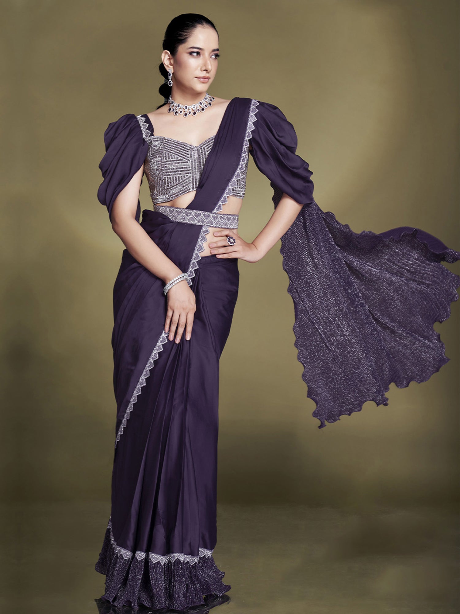 Purple Bridesmaid Saree With Ruffle Style Pallu