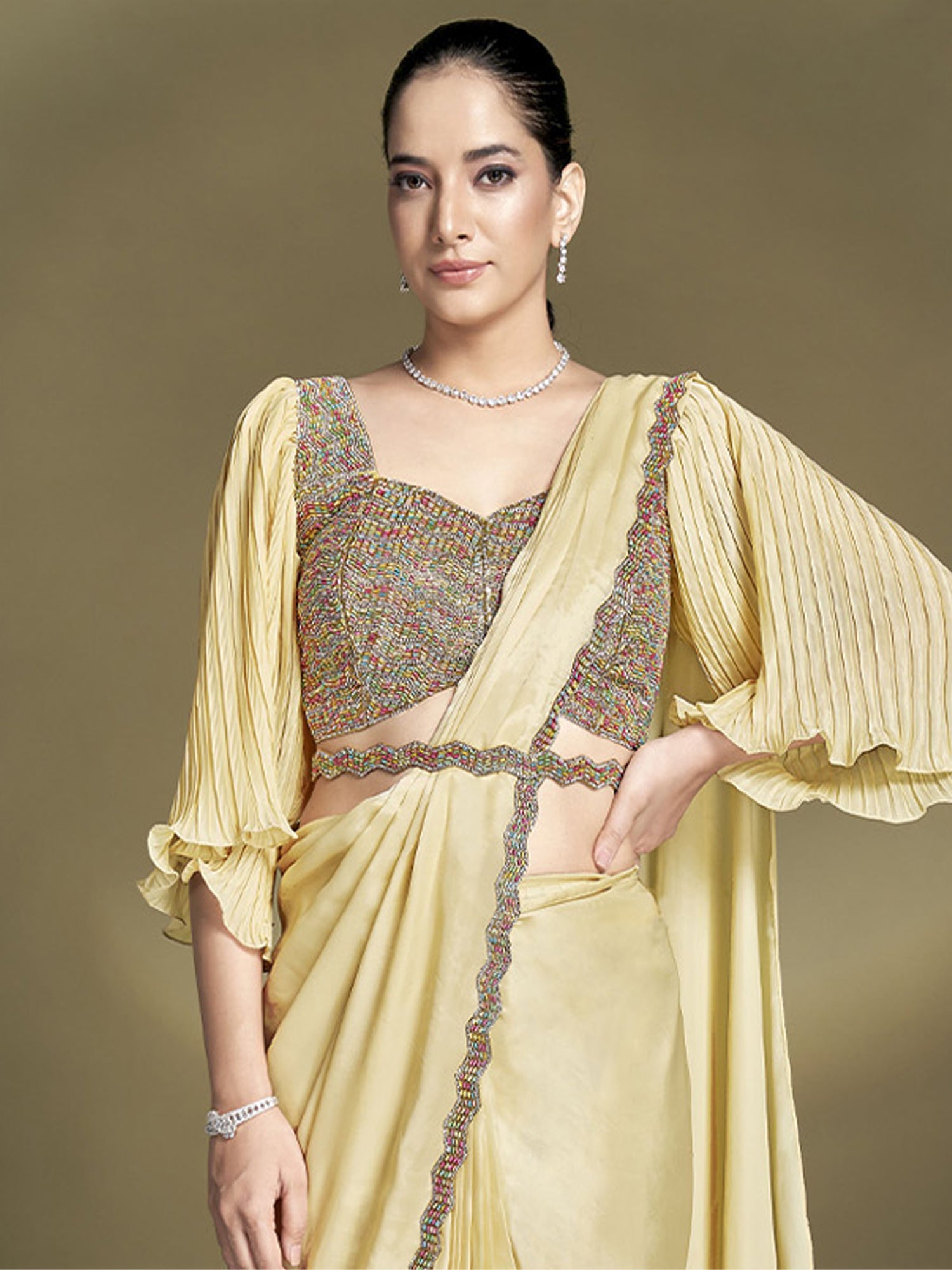 Light Yellow Hand Work Enhanced Festive Saree