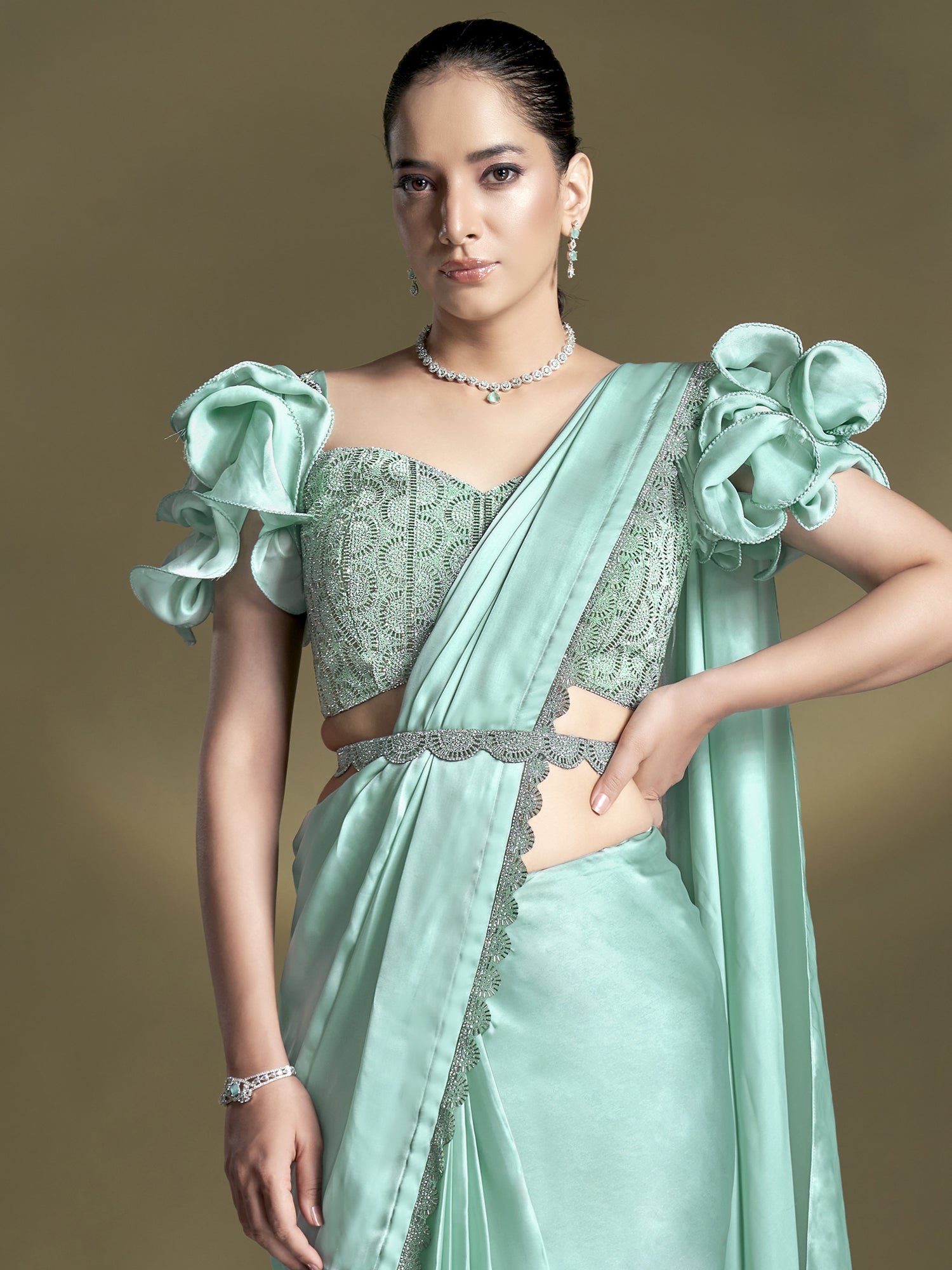 Turquoise Party Saree In Silk With Embroidered Blouse