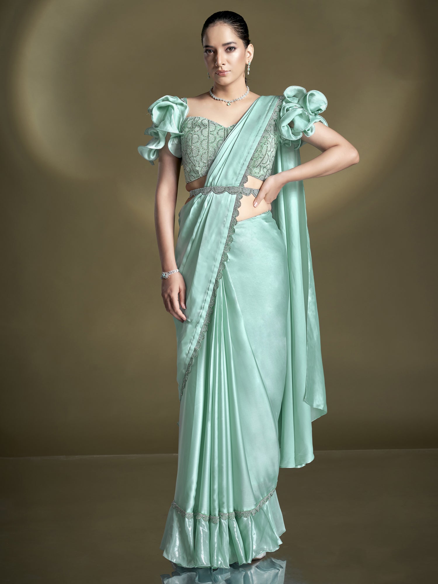 Turquoise Party Saree In Silk With Embroidered Blouse