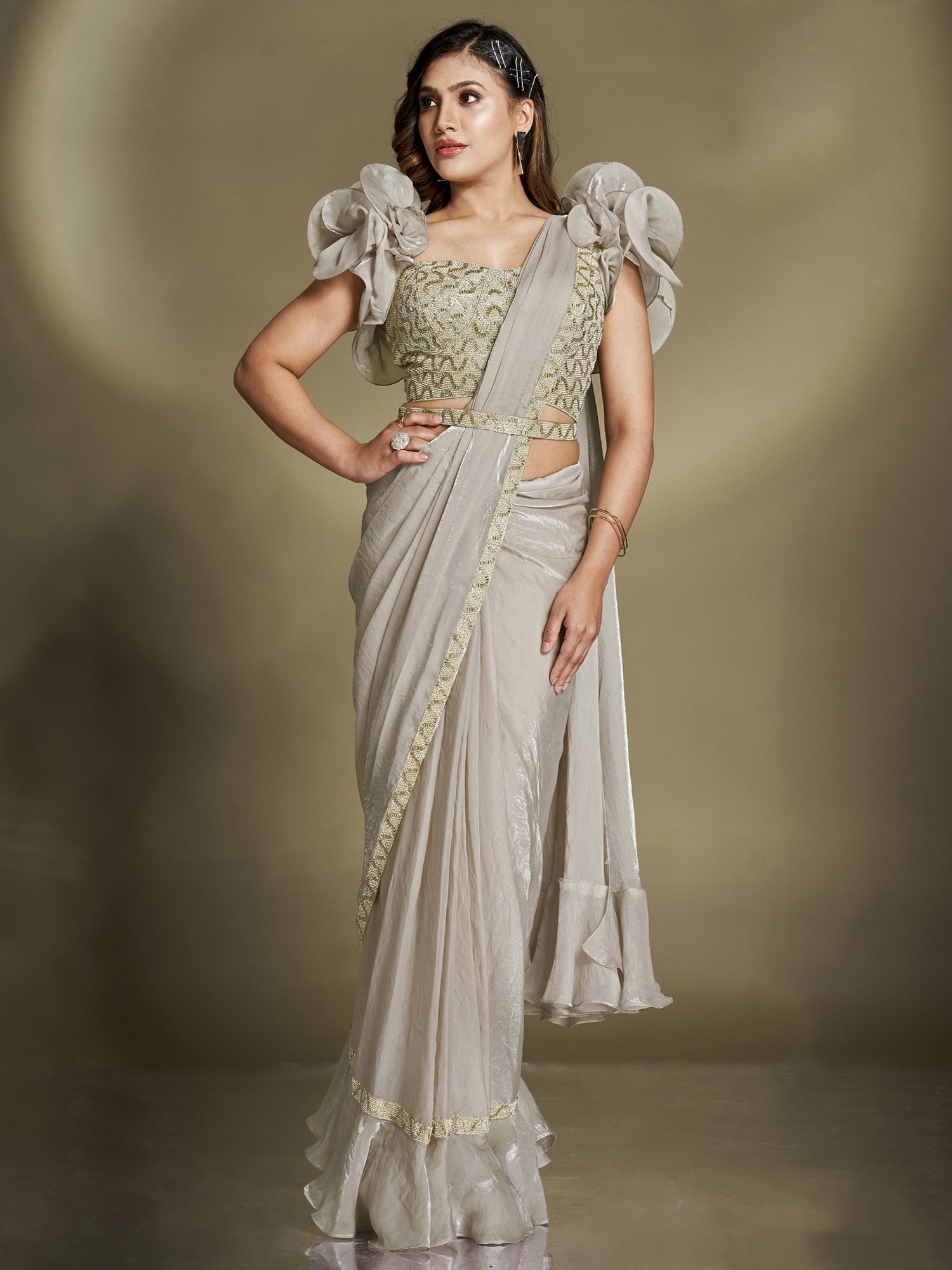 Grey Wedding Wear Ruffle Saree In Satin Silk