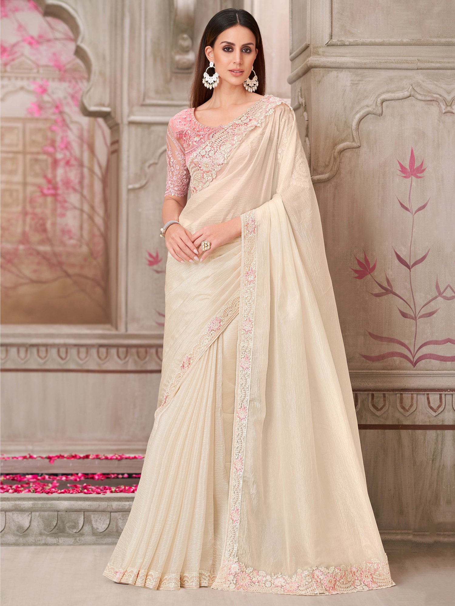 Off White Bridesmaid Saree With Floral Thread Borders