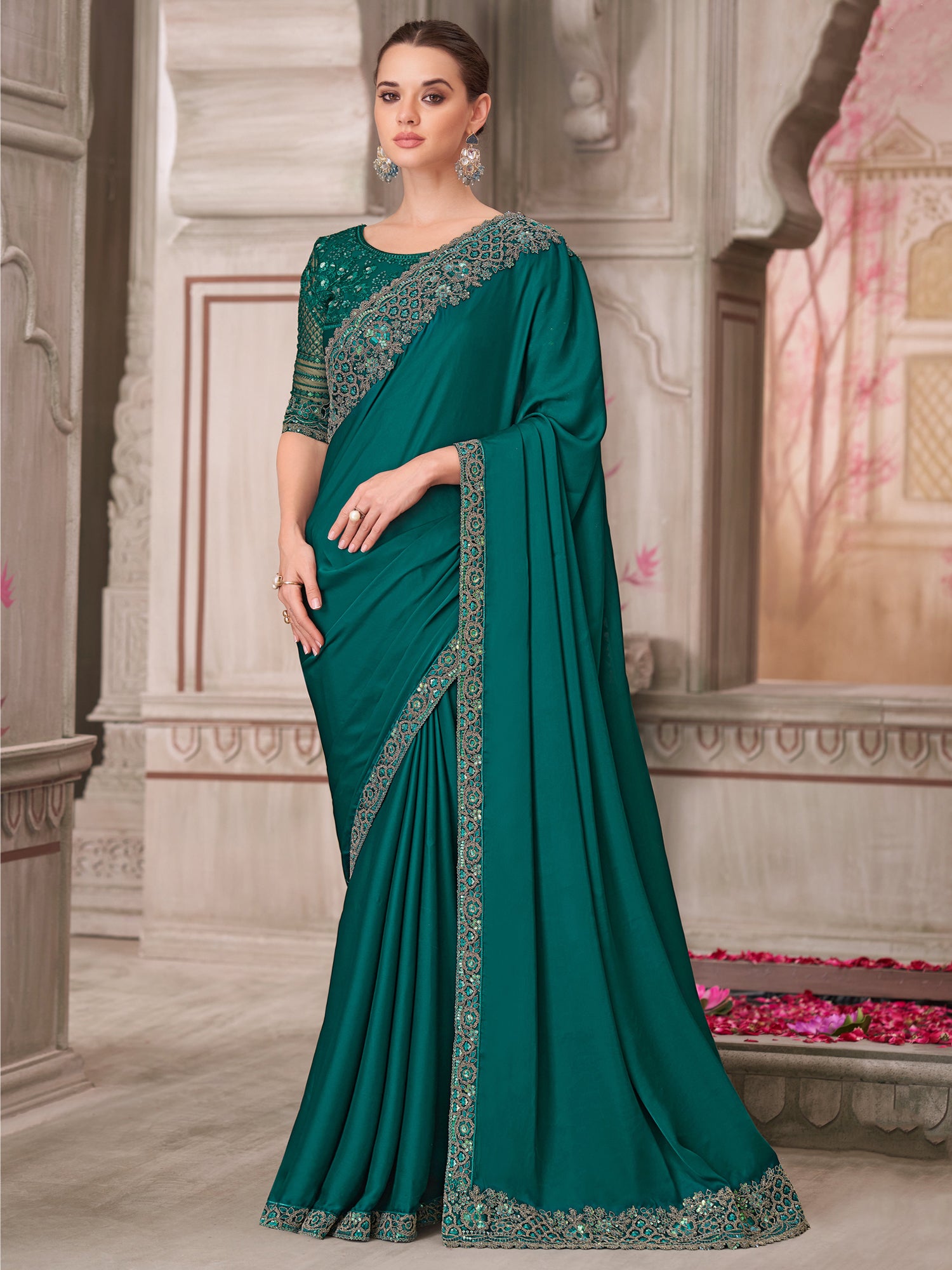 Teal Green Floral Zari Augmented Party Saree