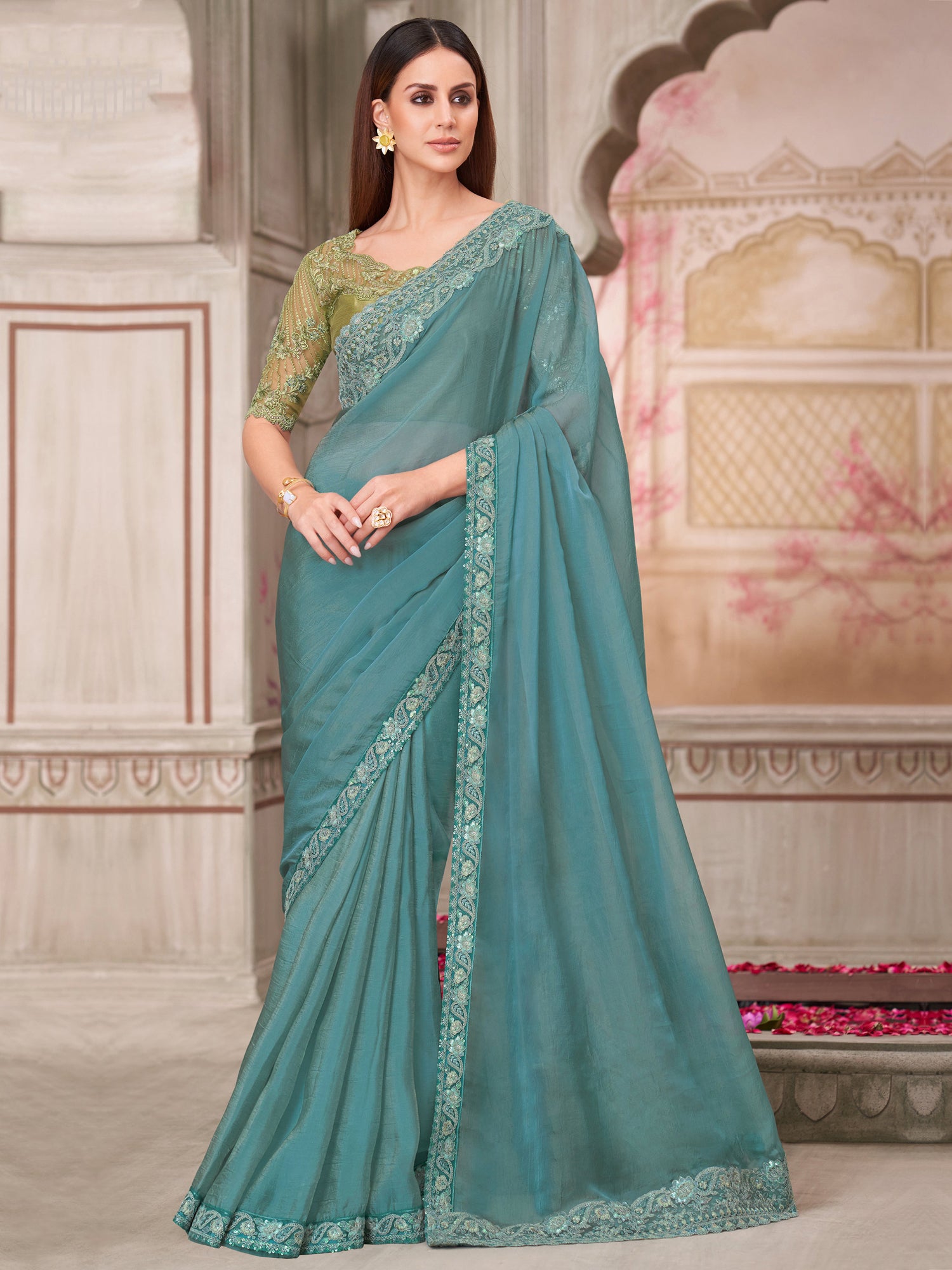 Green Floral Work Wedding Saree In Georgette
