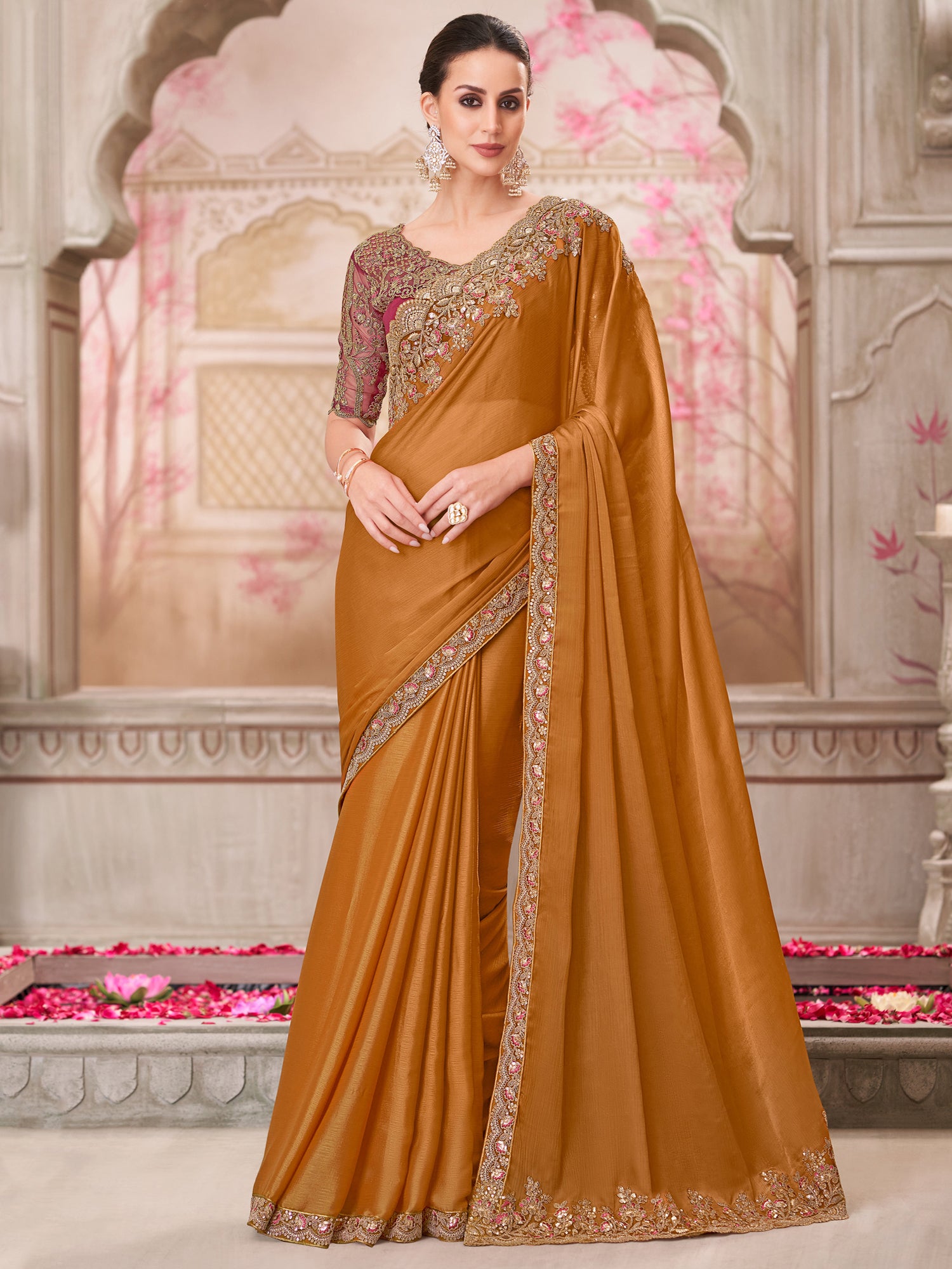 Orange Wedding Saree In Zari Embellishments