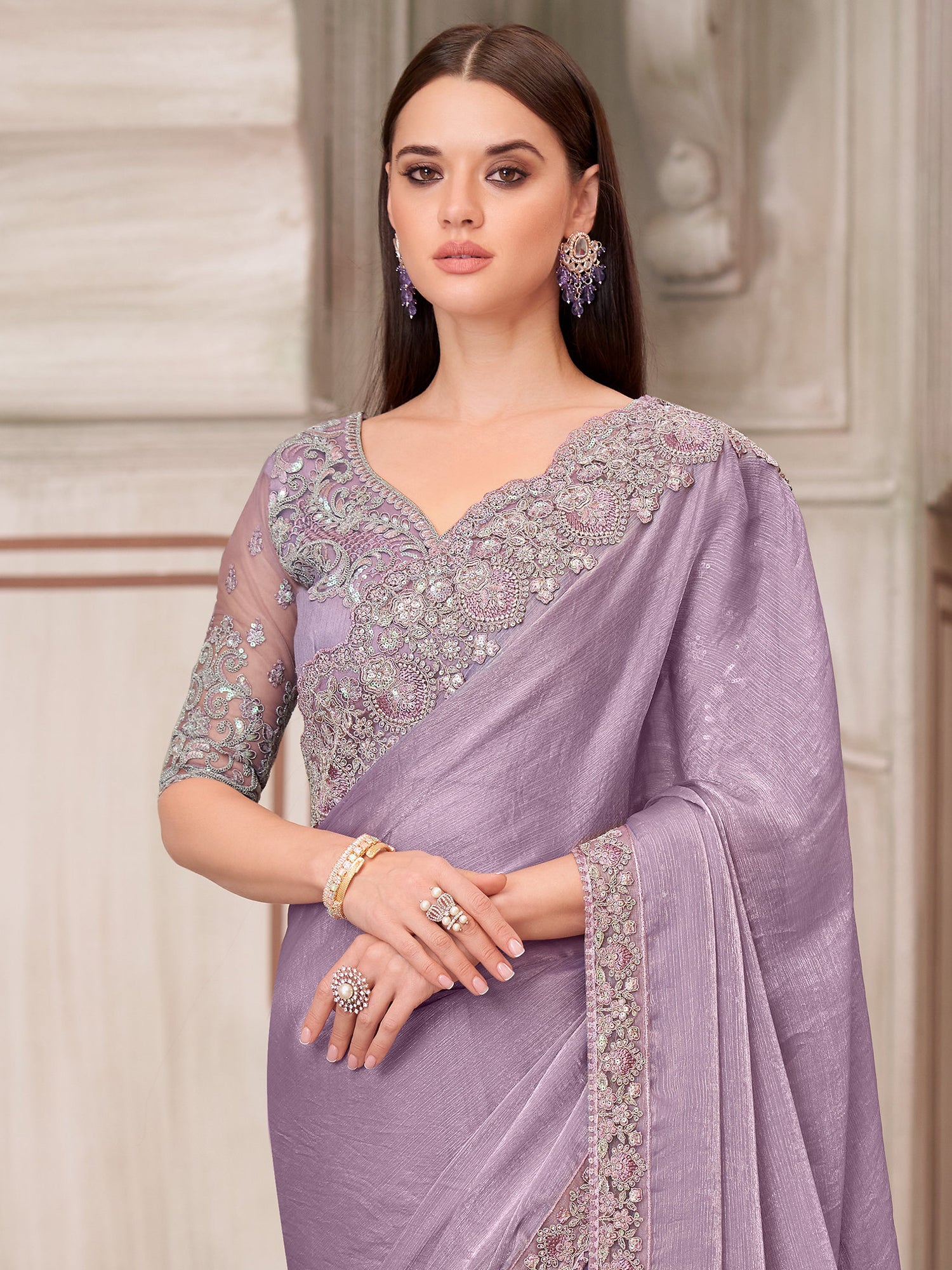 Lilac Party Wear Saree Floral Embroidered Borders