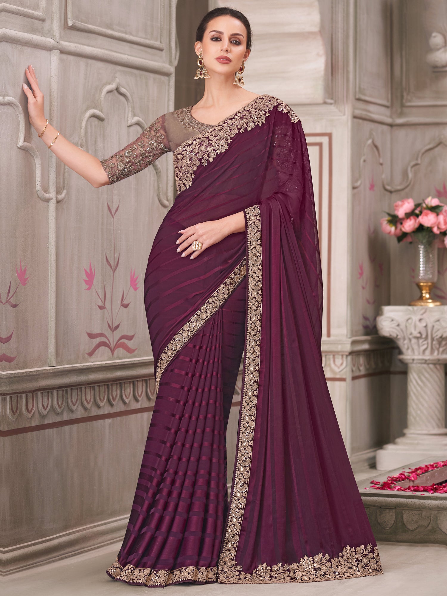 Wine Heavy Zari Embellished Wedding Saree