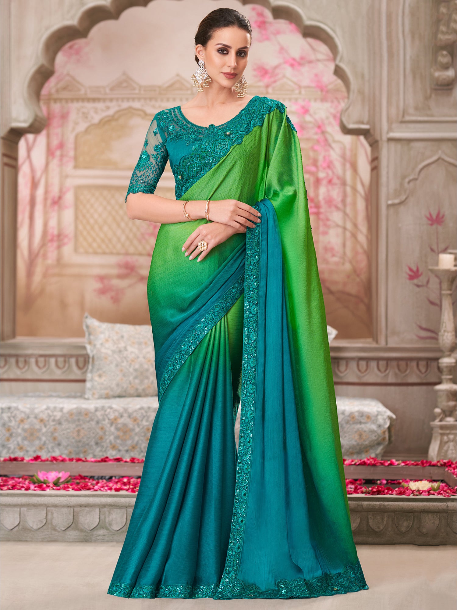 Green And Blue Ombre Shaded Saree In Chiffon