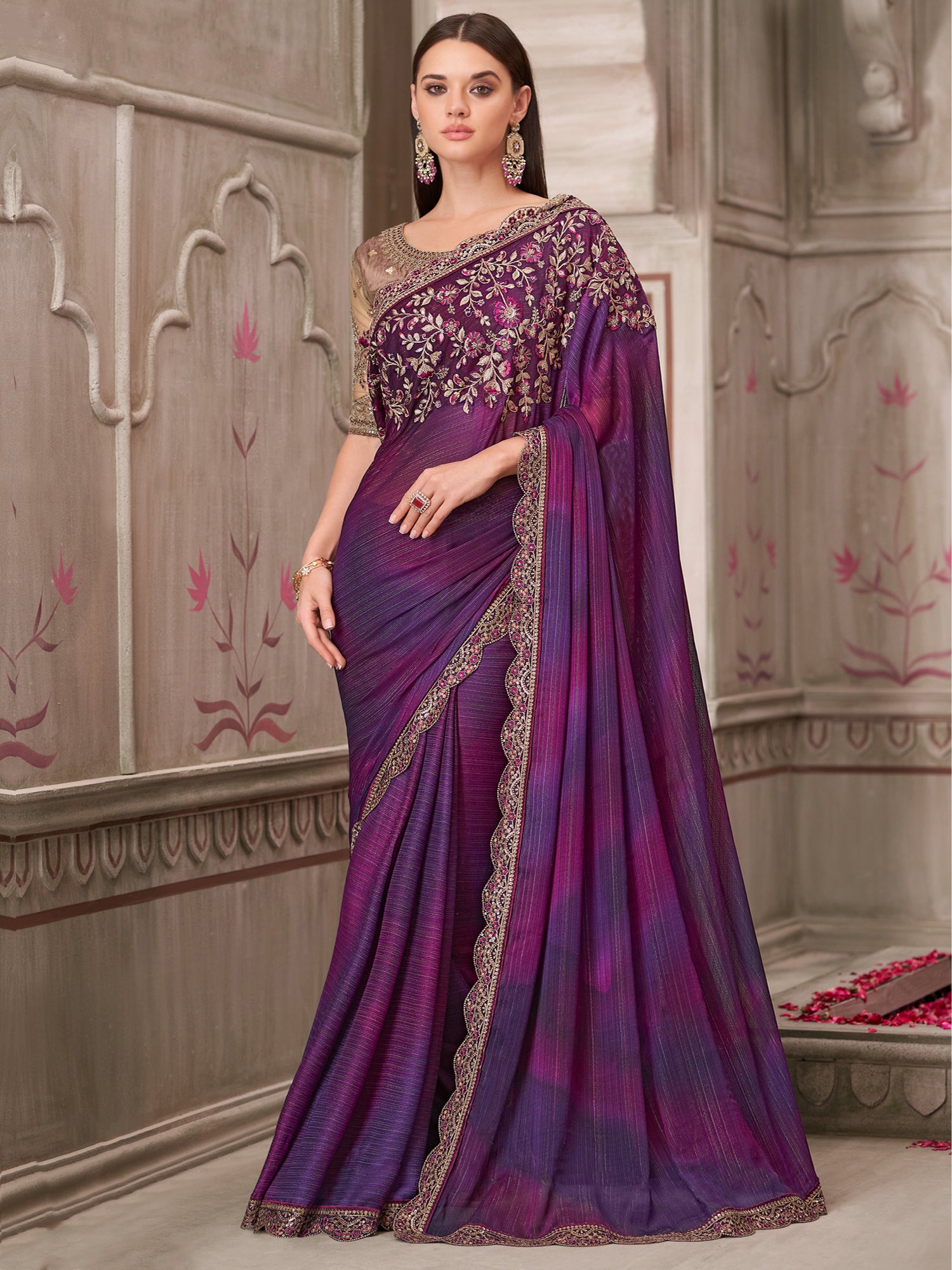 Purple Floral Thread Work Saree In Georgette