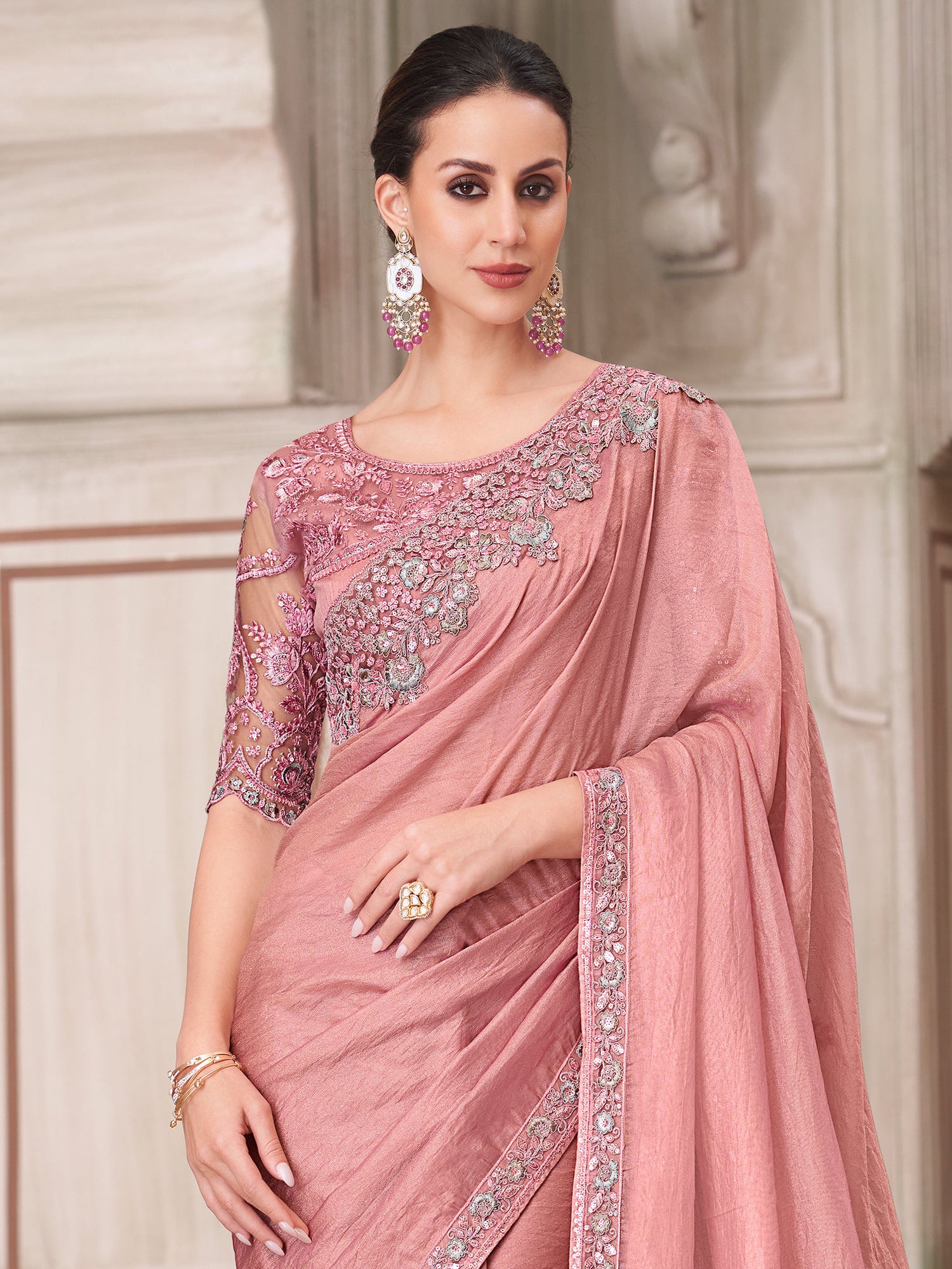 Peach Georgette Saree In Floral Embroidered Borders