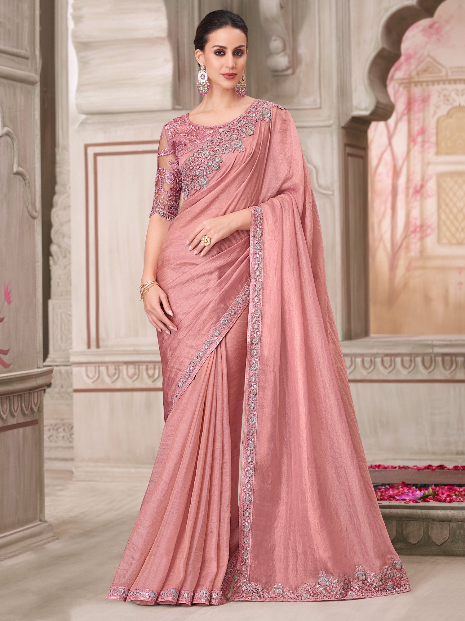 Peach Georgette Saree In Floral Embroidered Borders
