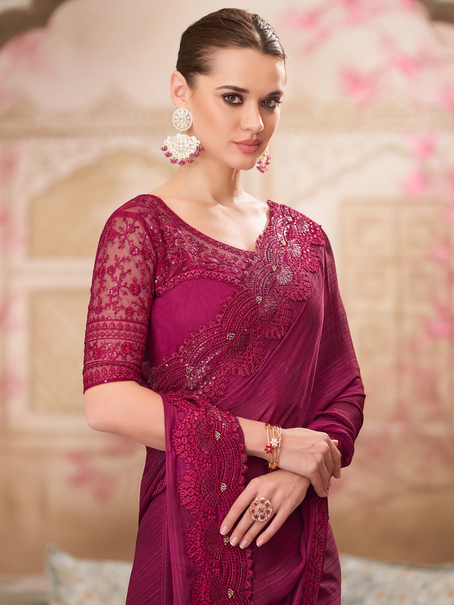 Maroon Thread Work Wedding Saree With Blouse