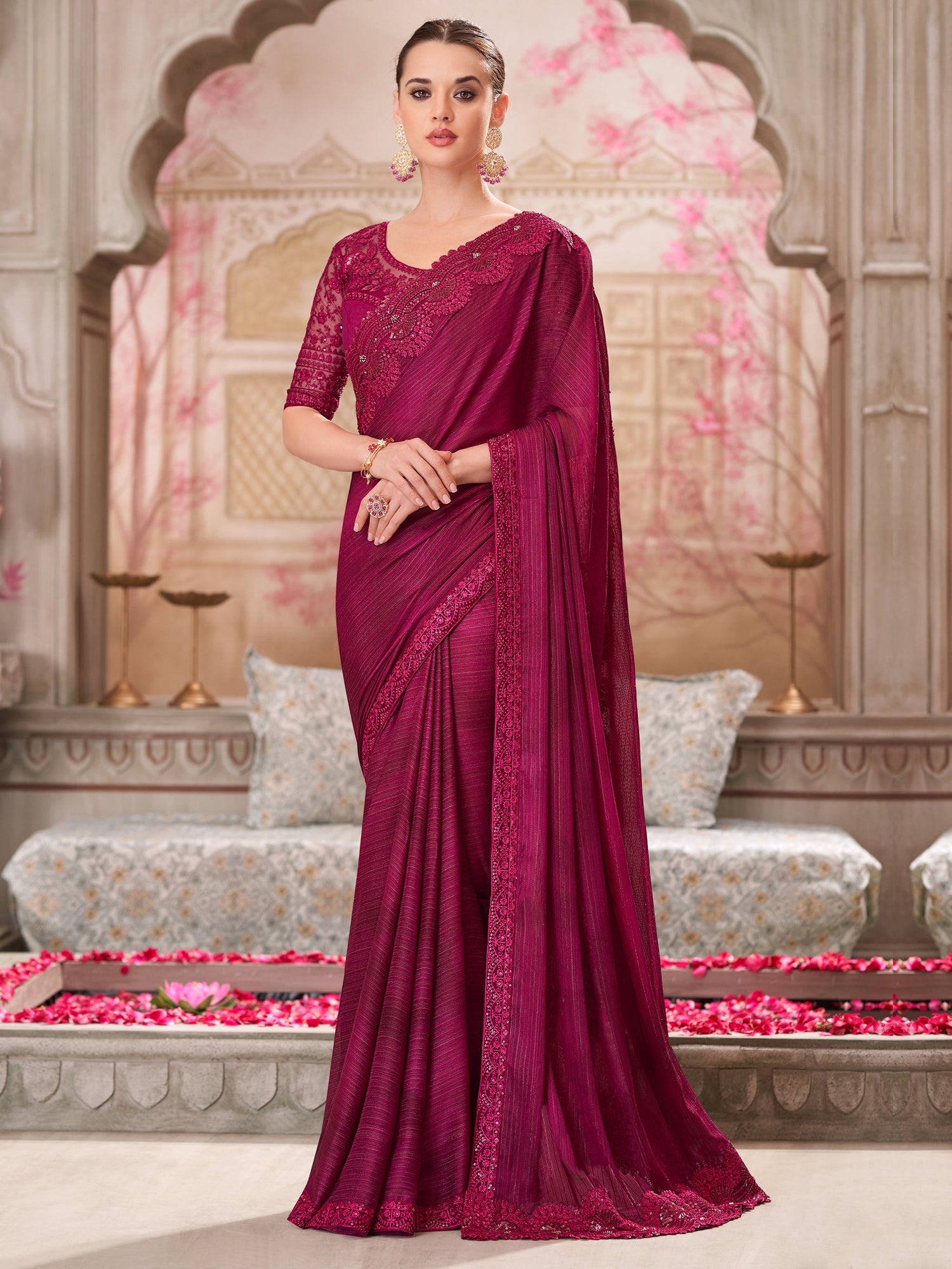 Maroon Thread Work Wedding Saree With Blouse