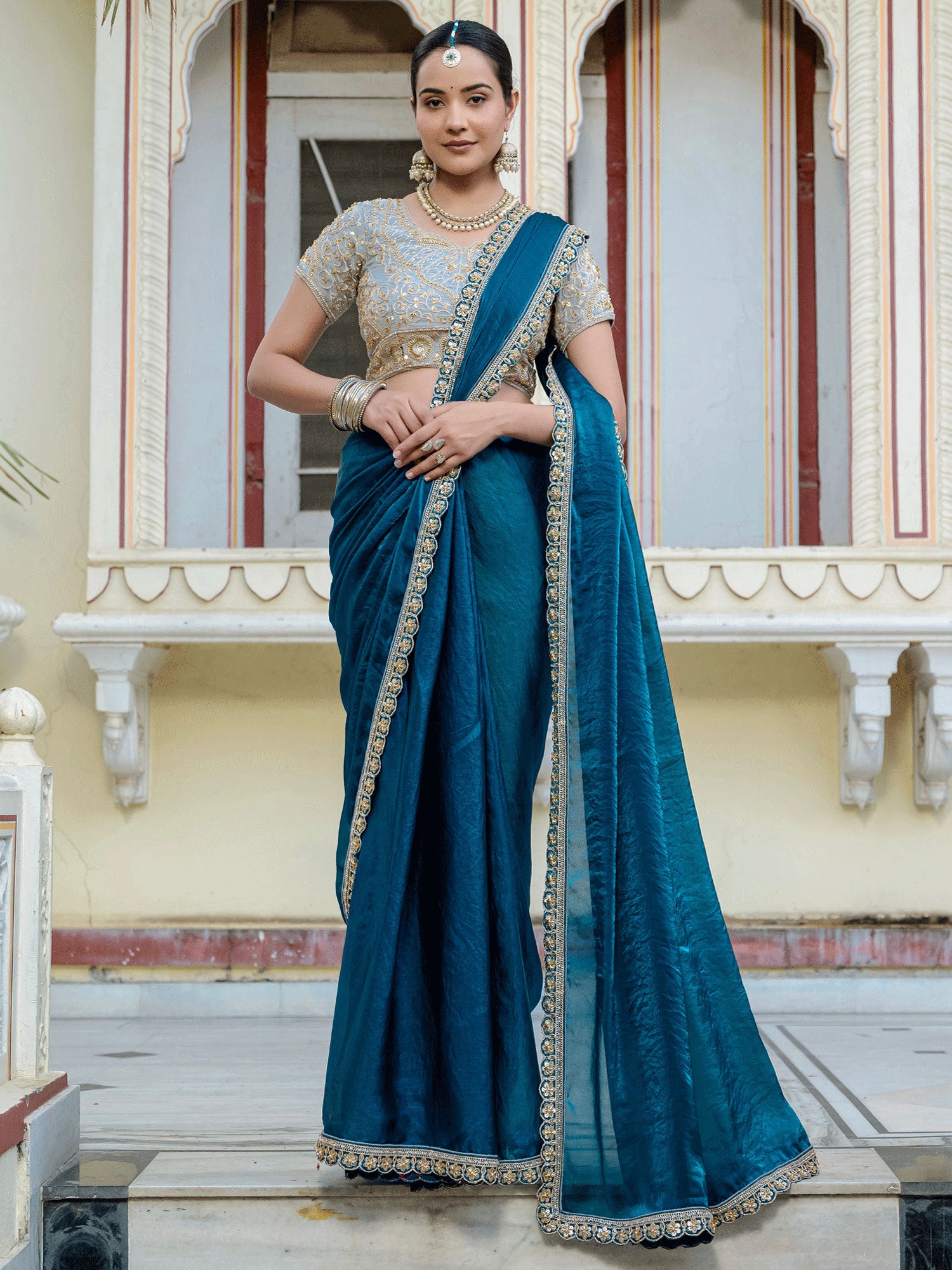 Blue Hand Work Enhanced Wedding Saree In Velvet