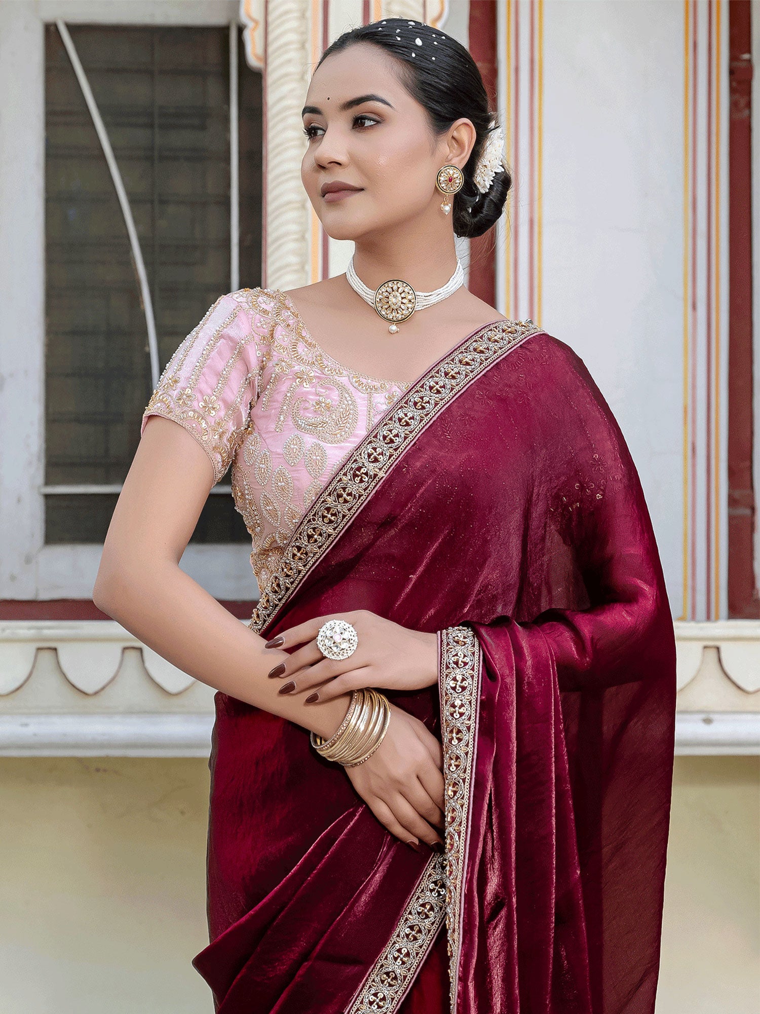 Maroon Heavy Zari Embroidered Velvet Saree