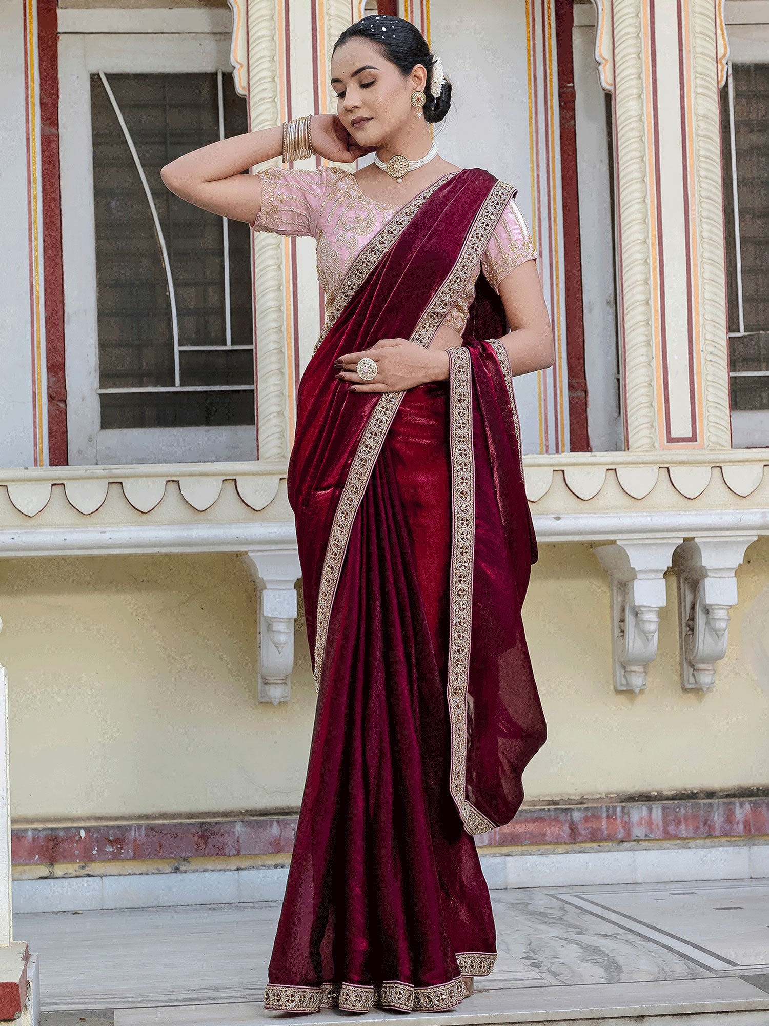 Maroon Heavy Zari Embroidered Velvet Saree
