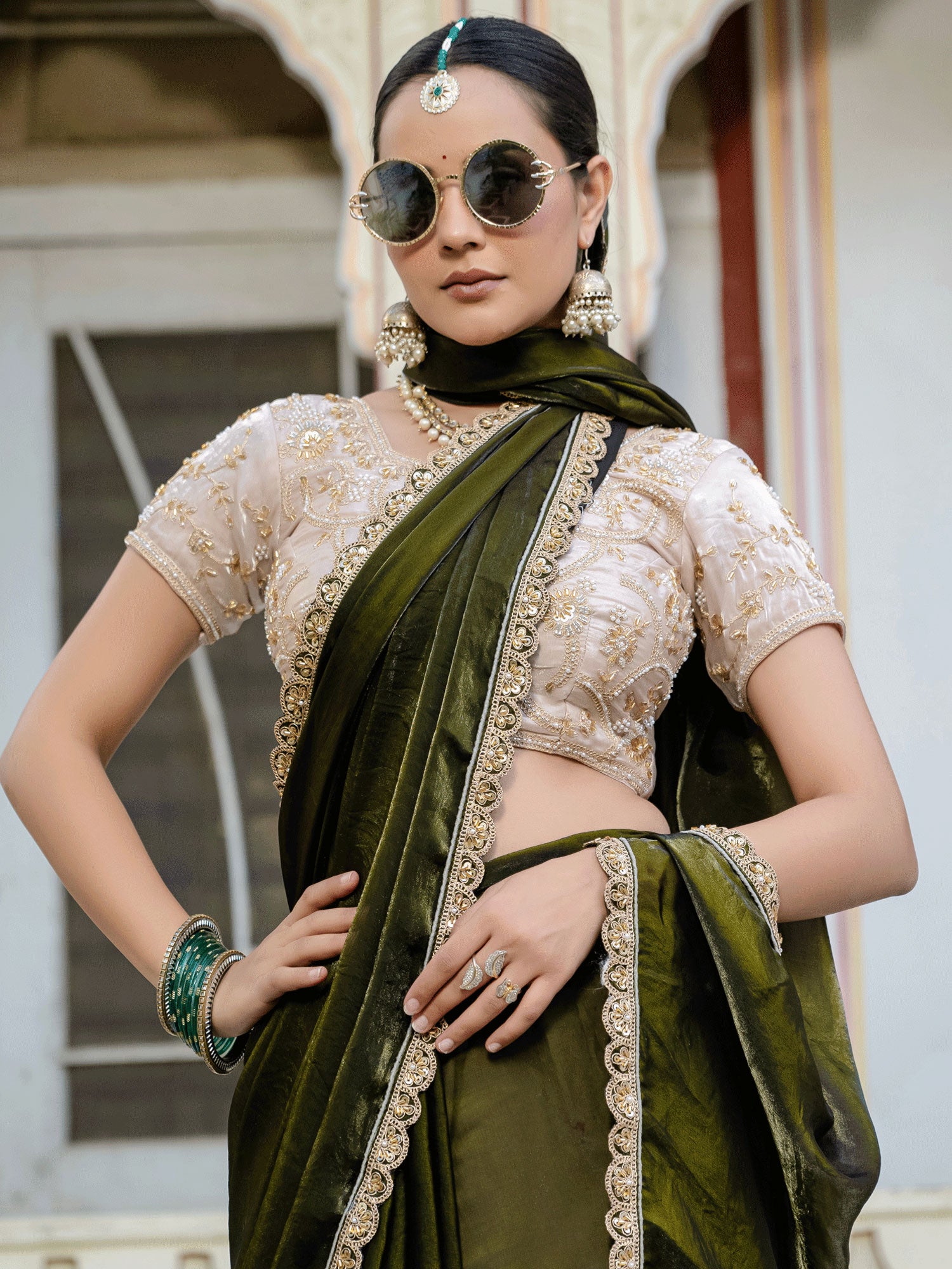 Olive Green Bridesmaid Saree With Embroidered Blouse