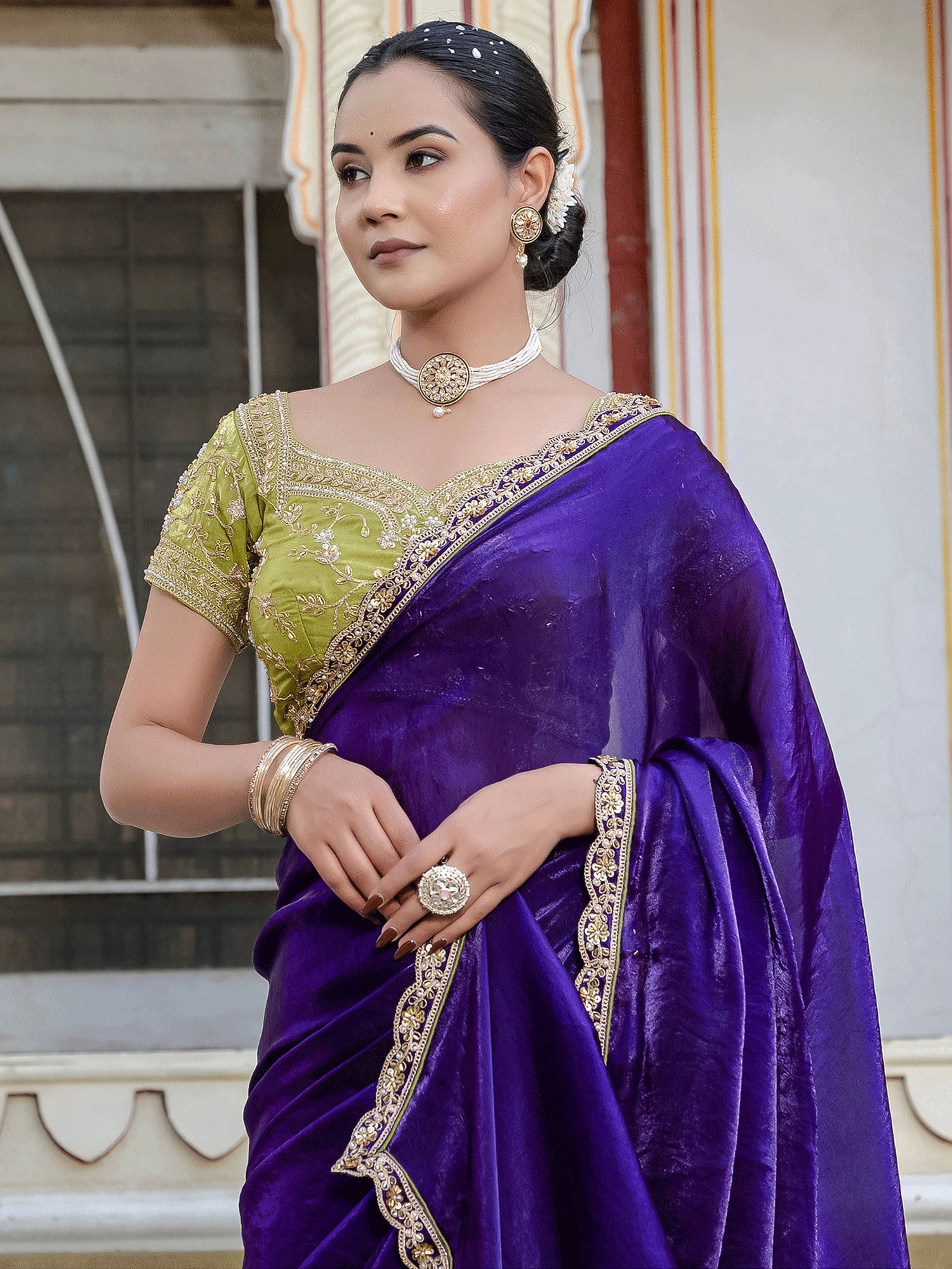 Royal Purple Party Saree In Hand Work Embroidery