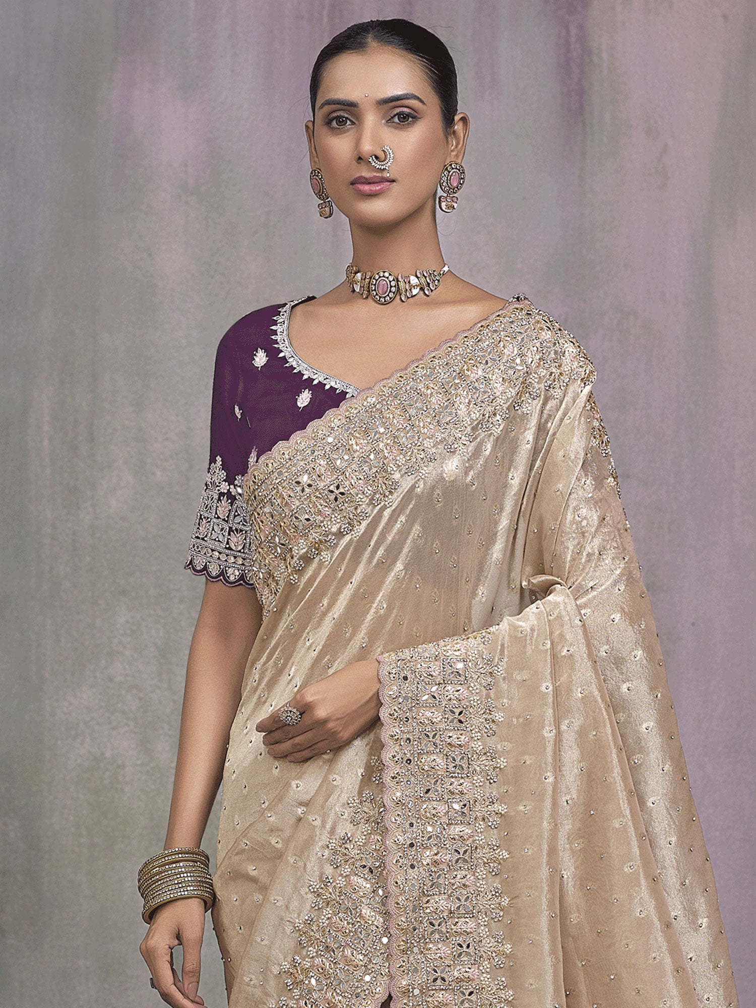 Beige Traditional Saree With Mirror Work Border